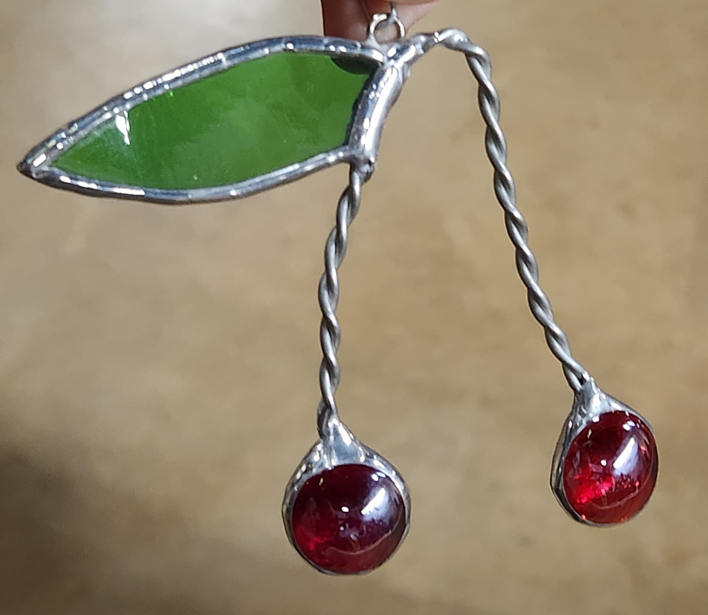 Cherry Nugget Glass with Green Textured Leaf Stained Glass