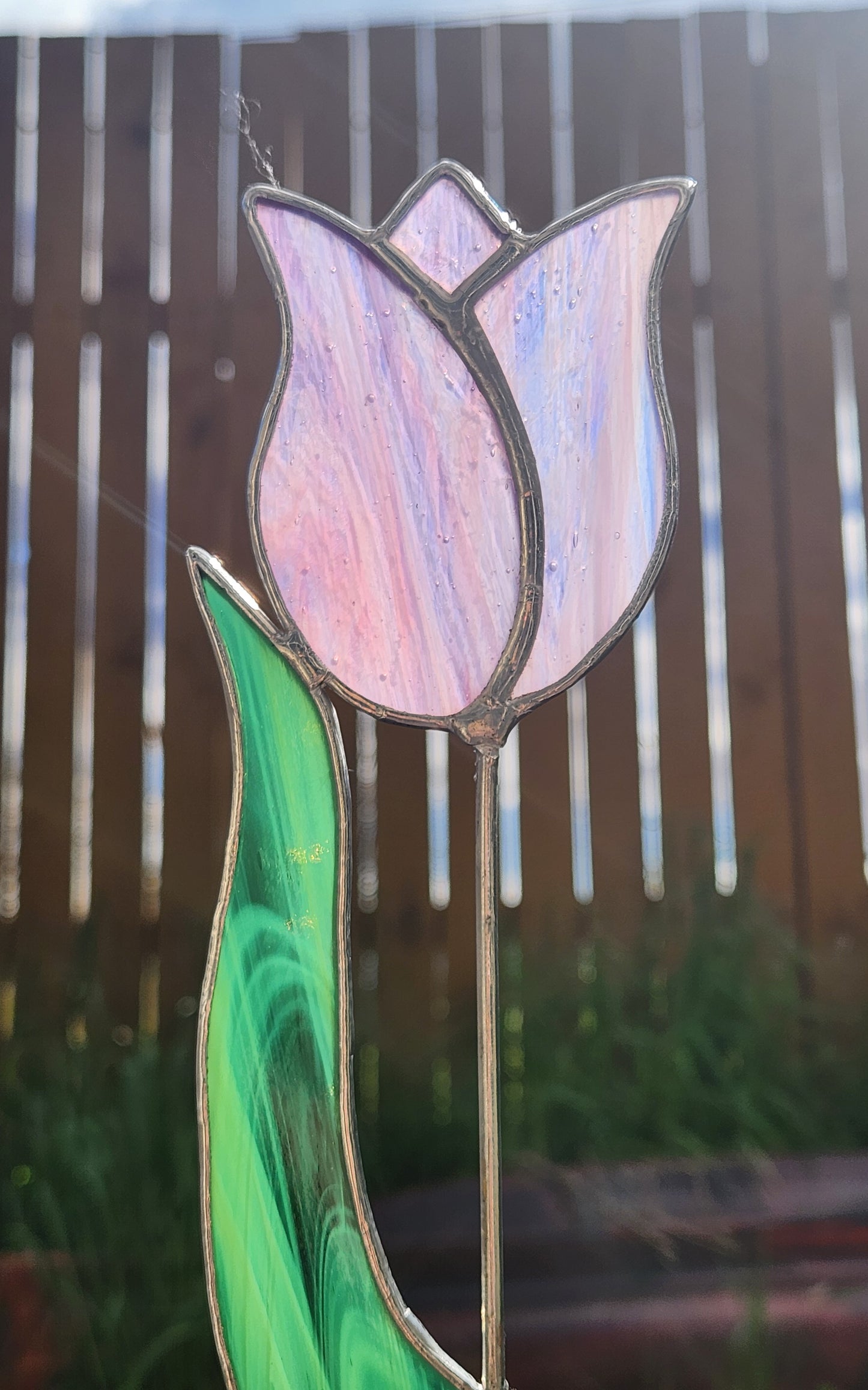 Pink-Purple Streaky Tulip with Green Streaky Leaf Stained Glass Plant Stake