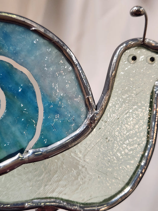 Mint Green & Heavy Textured Blue Green Swirl Snail Stained Glass Plant Stake