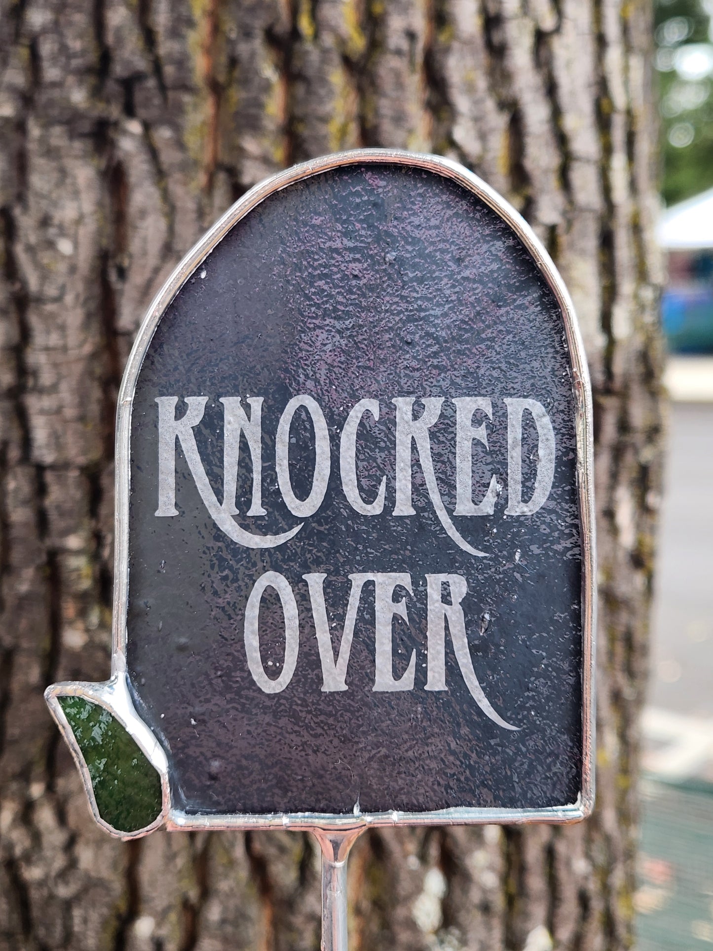 Gray "Knocked Over" Headstone Stained Glass Plant Stake