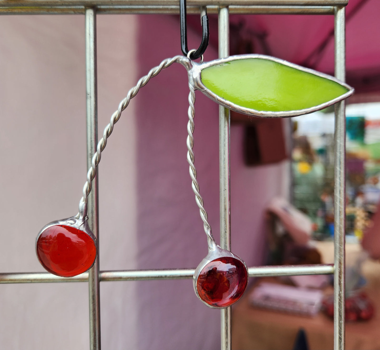 Cherries Made from Nugget Glass with Neon Green Stained Glass Leaf