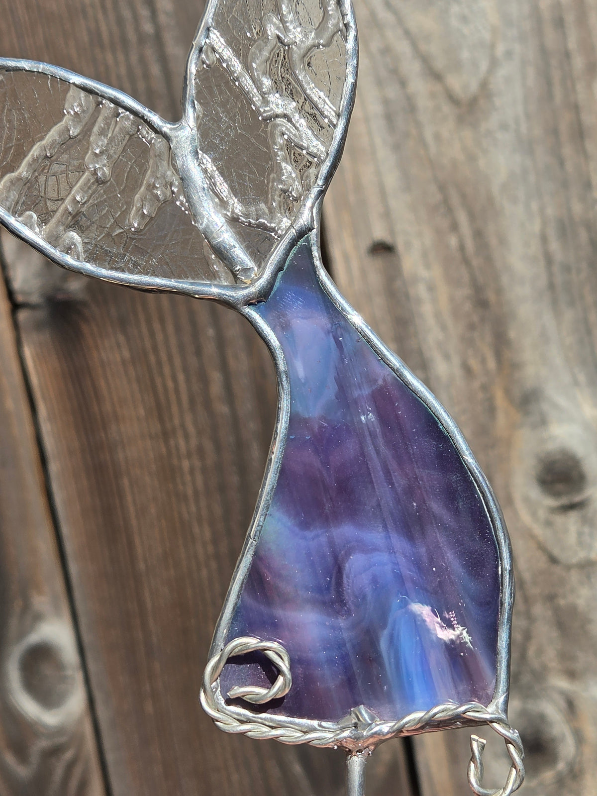 Purple Oil Slick & Clear Crackled Stained Glass Mermaid Tail Plant Stake