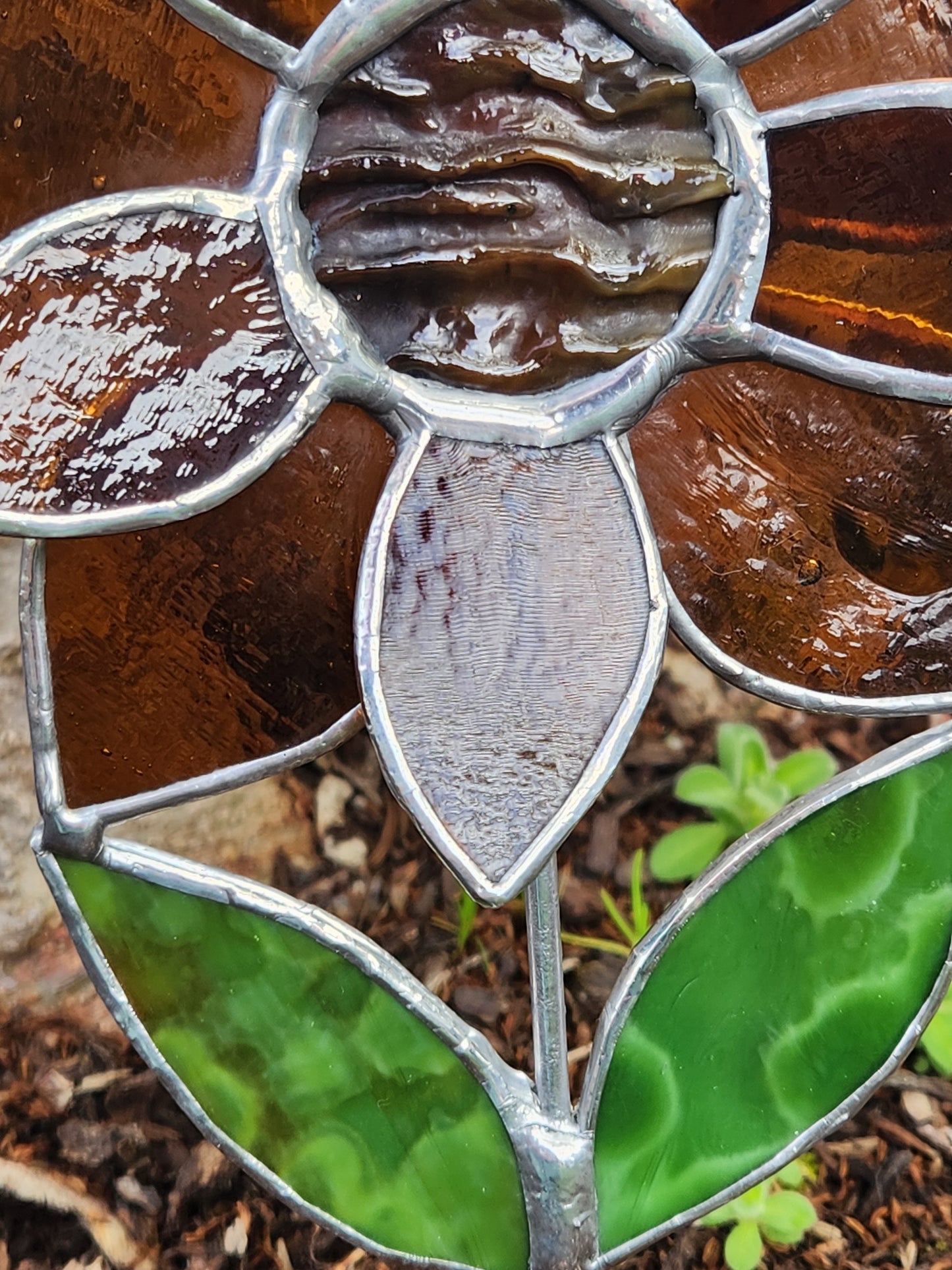 Dark Orange Stained Glass Sunflower Plant Stake with Texture Brown Center