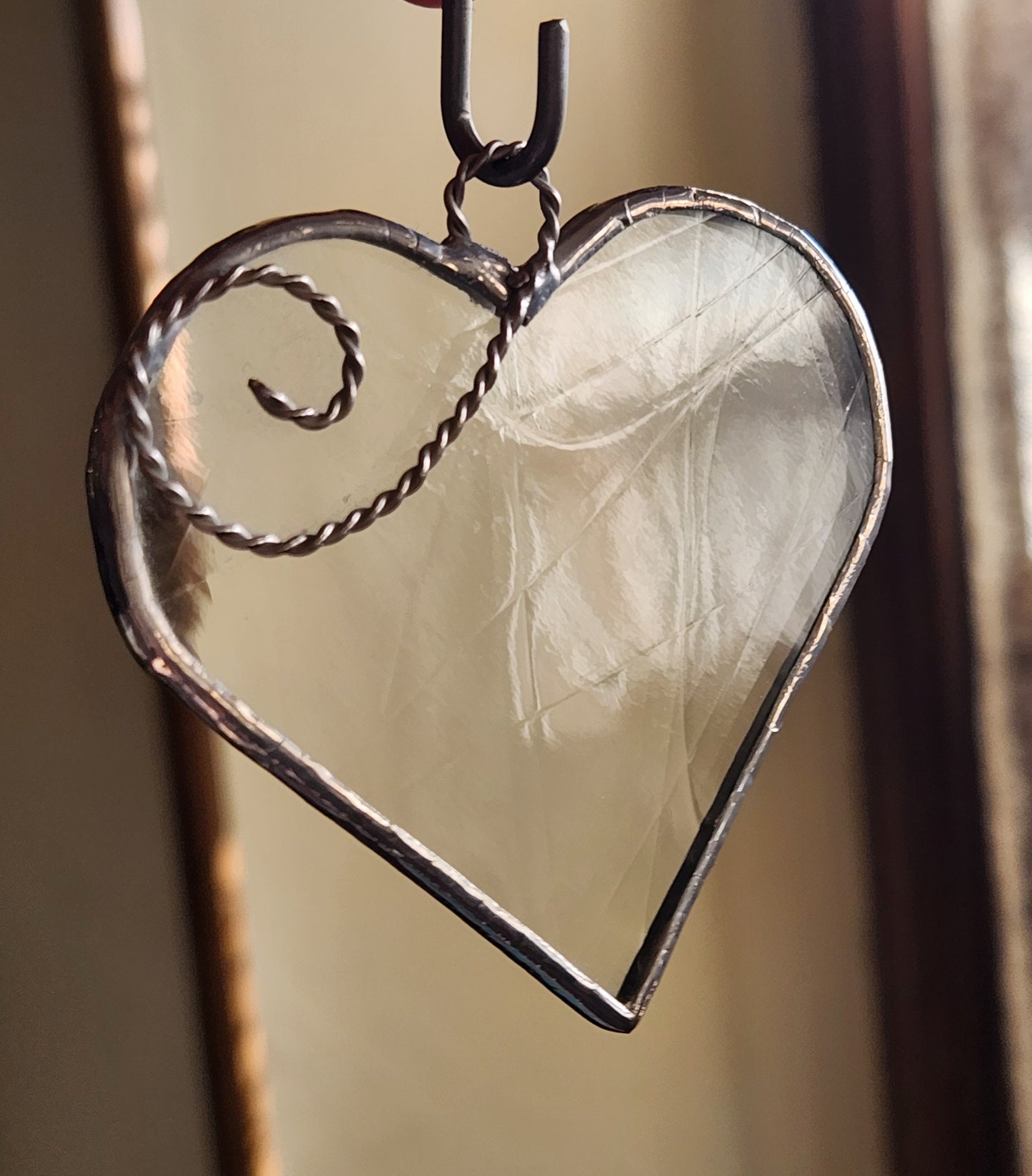 Clear Antique Stained Glass Heart with Scroll Accent