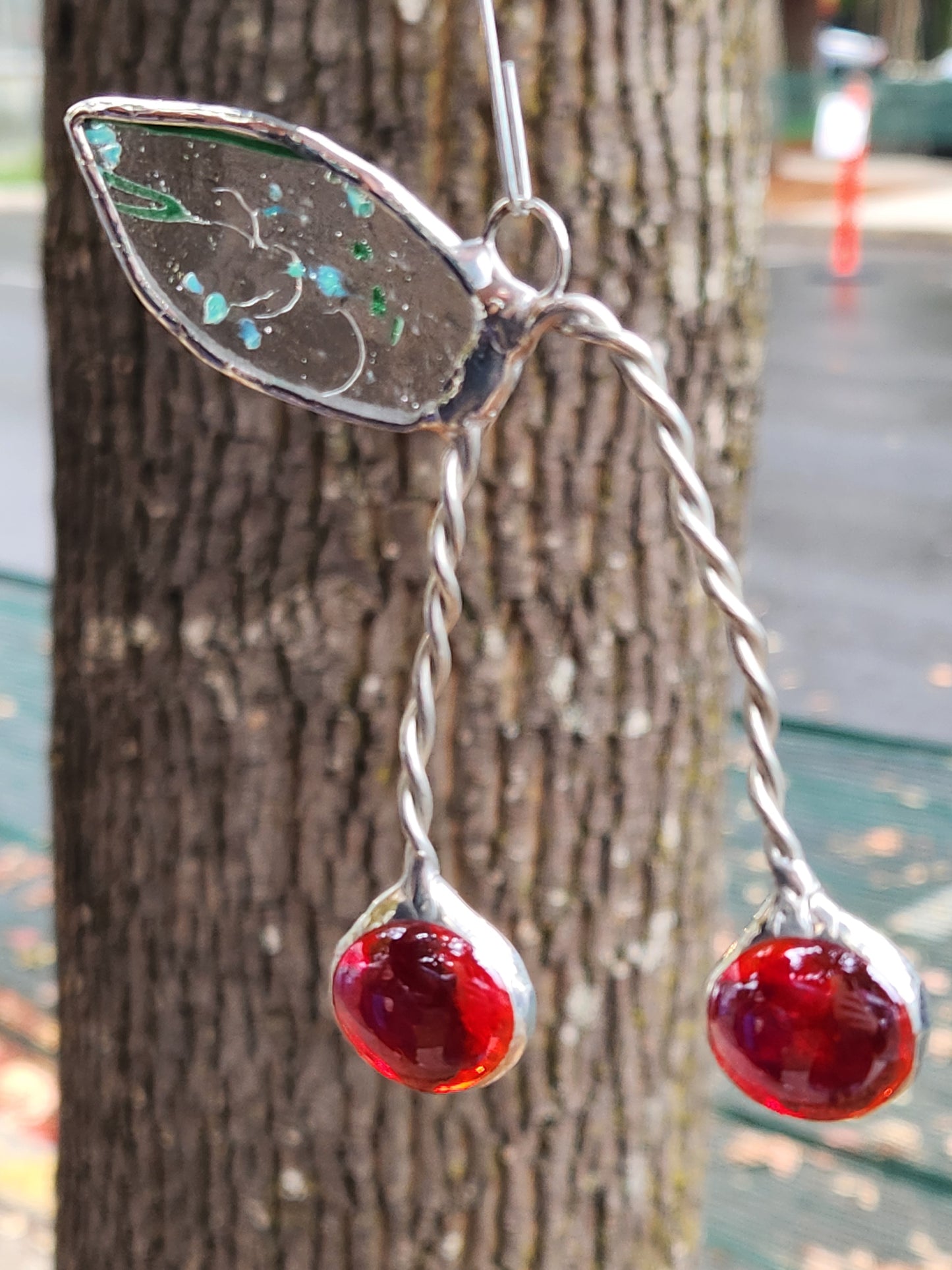 Cherry Nugget Glass with Green Confetti Leaf Stained Glass