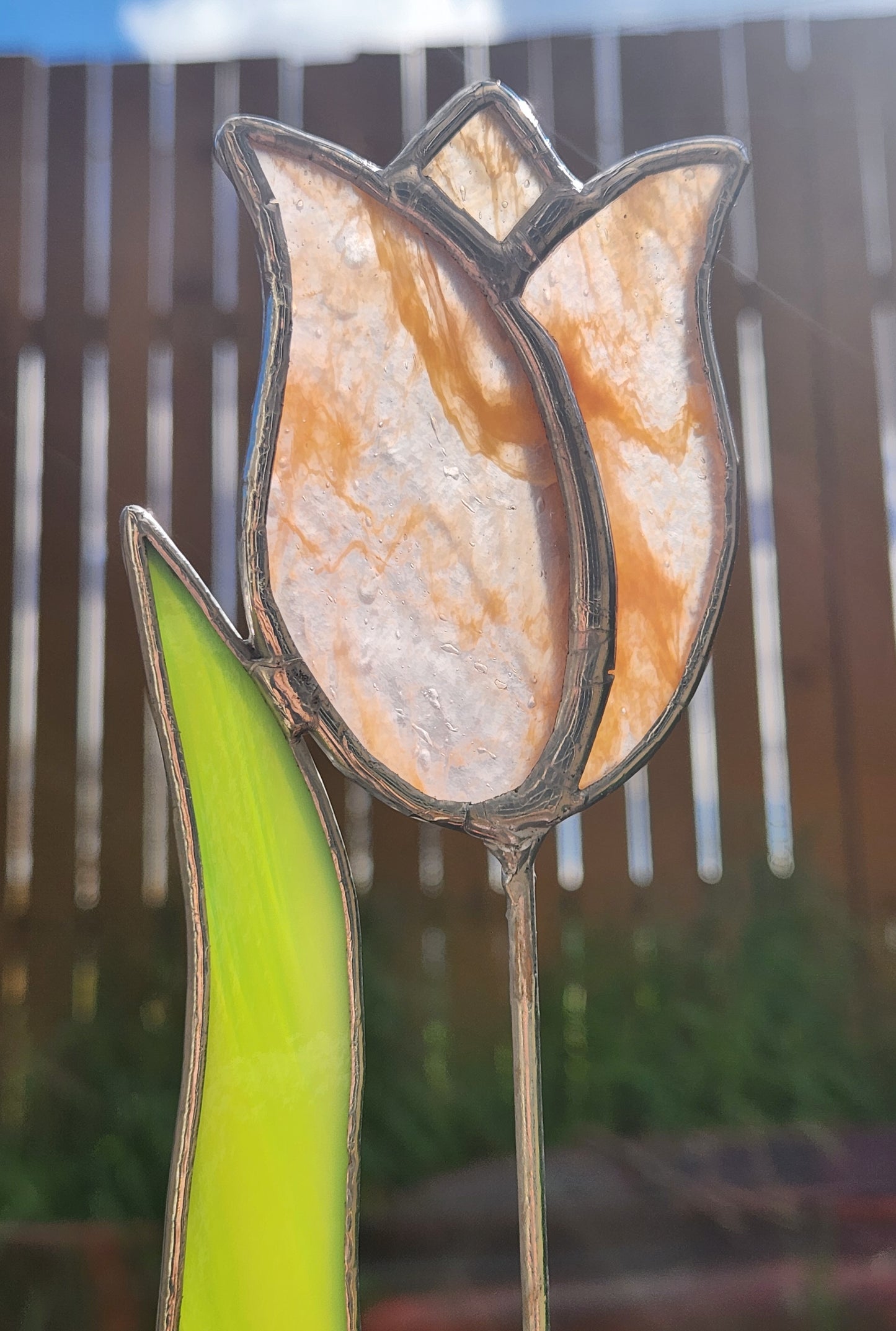 Peach-White Streaky Tulip with Green Streaky Leaf Stained Glass Plant Stake