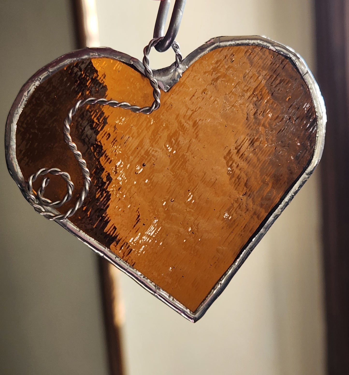 Antique Amber Stained Glass Heart with Scroll Accent