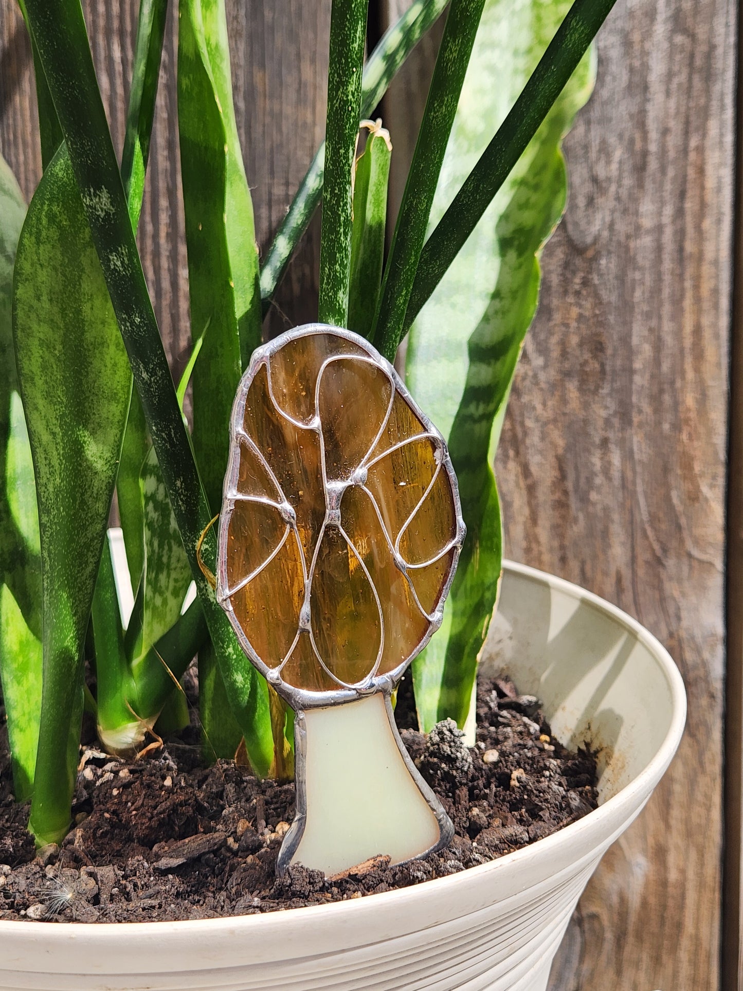 Life-Sized Morel Mushroom Stained Glass Plant Stake