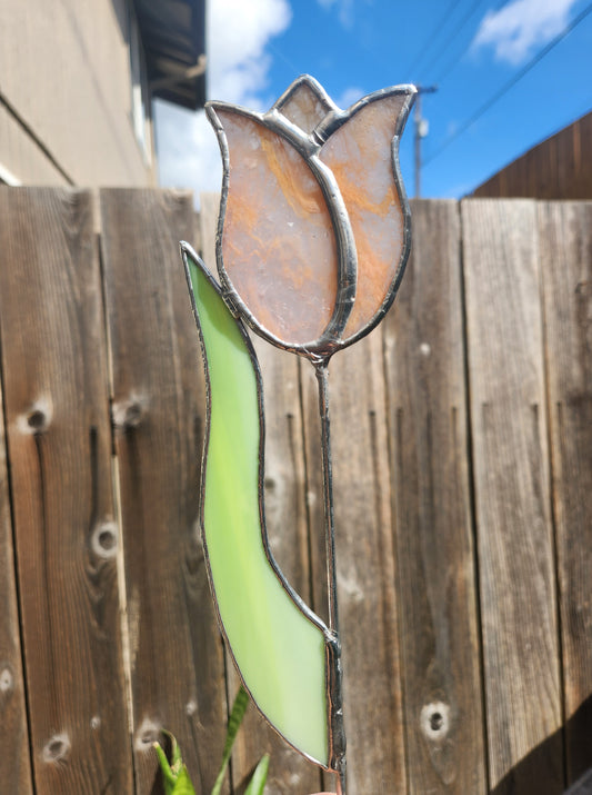 Peach-White Streaky Tulip with Green Streaky Leaf Stained Glass Plant Stake