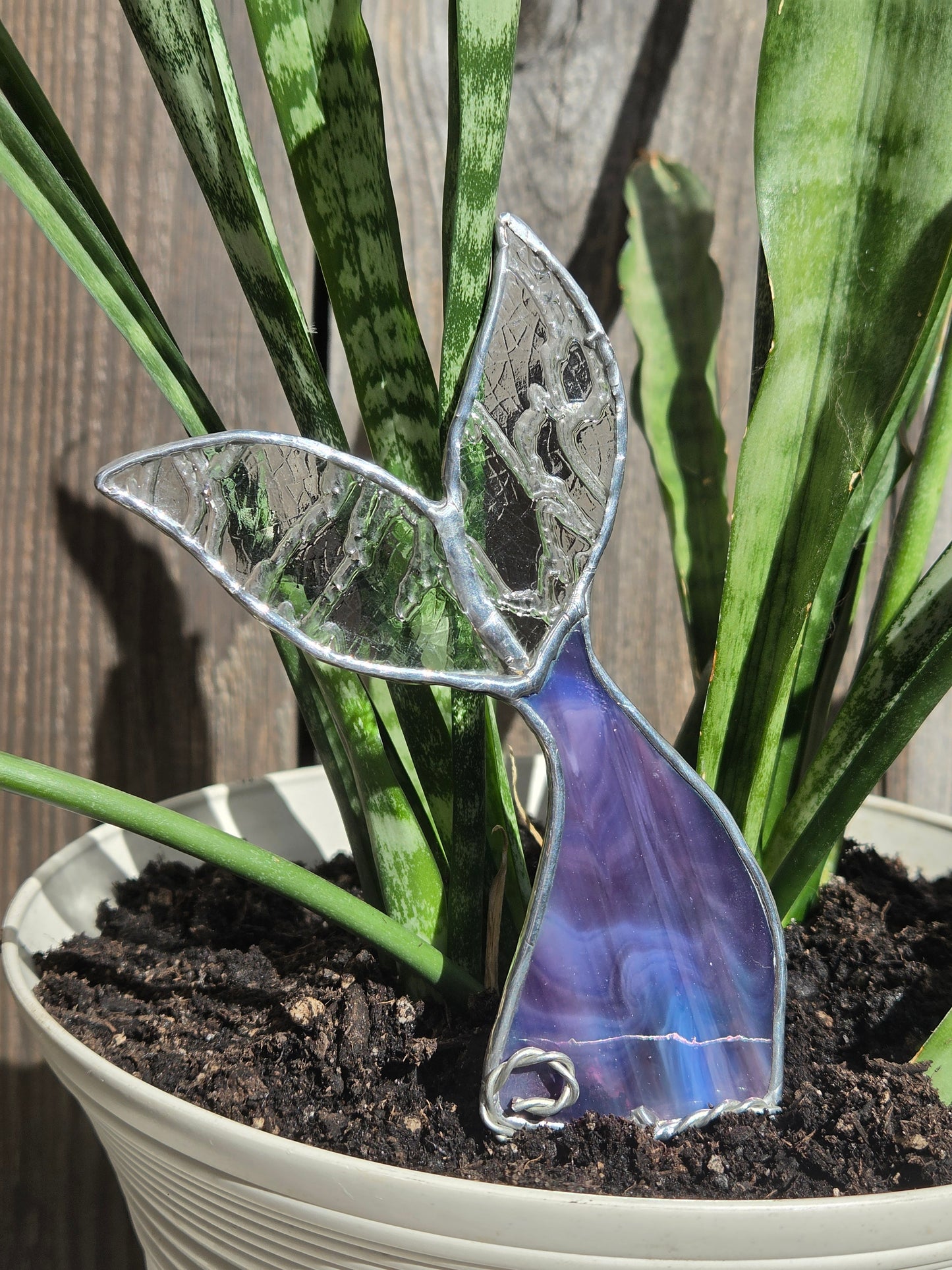 Purple Oil Slick & Clear Crackled Stained Glass Mermaid Tail Plant Stake