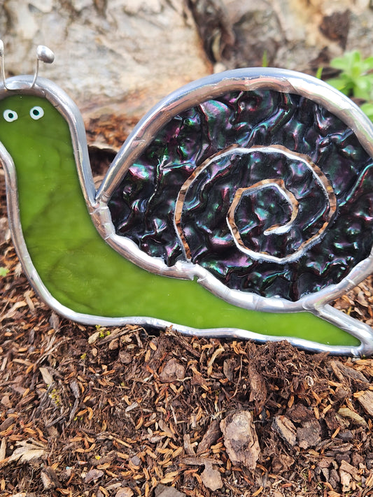 Dark Green & Black Iridescent Textured Stained Glass Snail Plant Stake