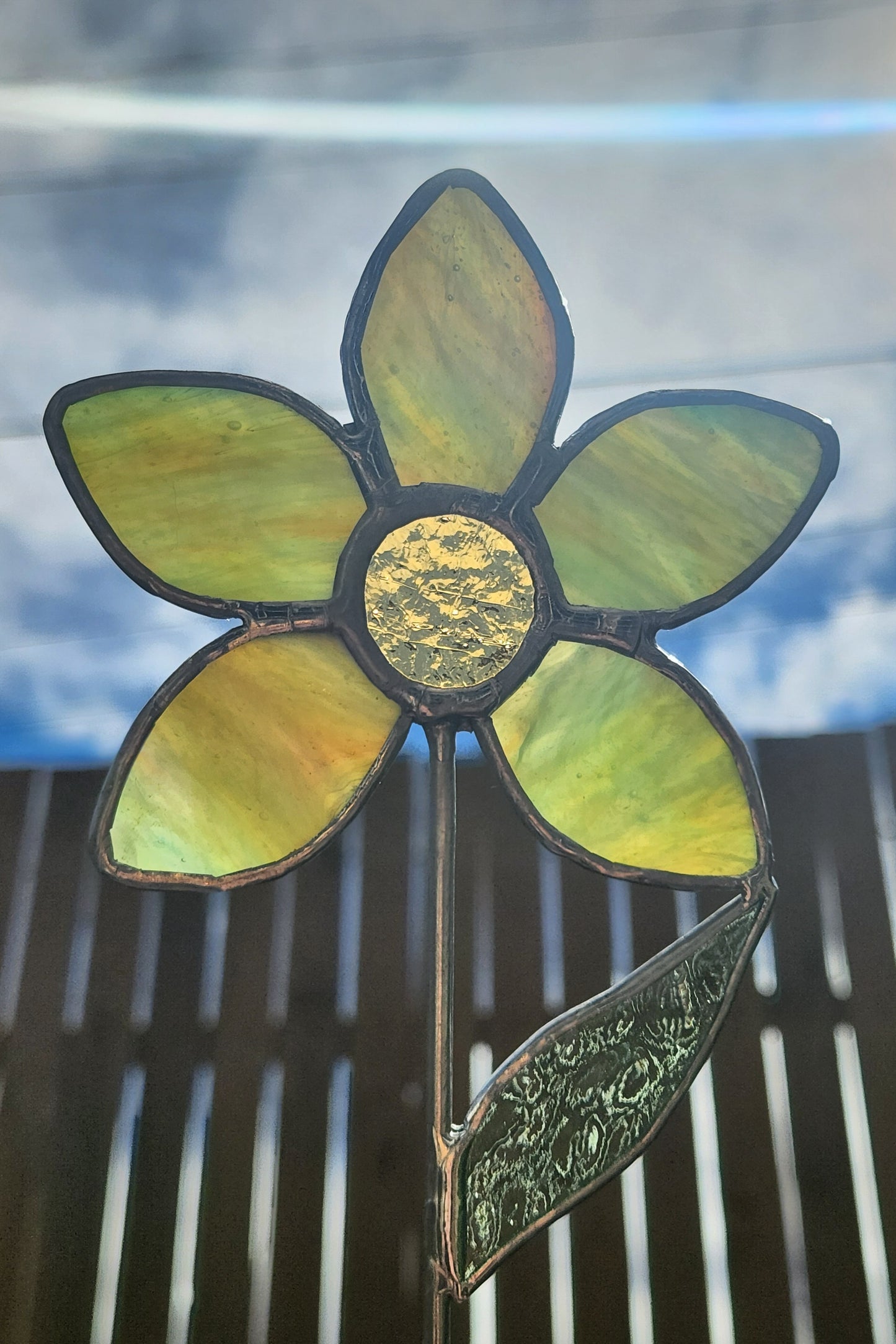 Fern Green & Amber Stained Glass Daisy Plant Stake with Vintage Amber Glass Center