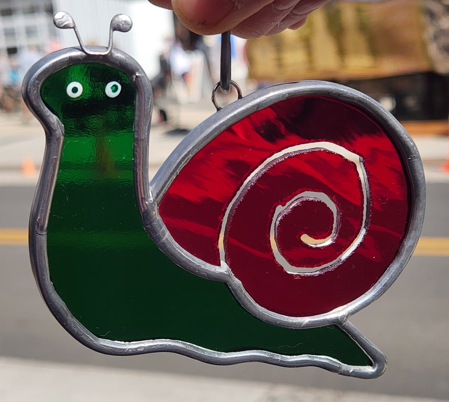 Green & Red Waterglass Stained Glass Hanging Snail