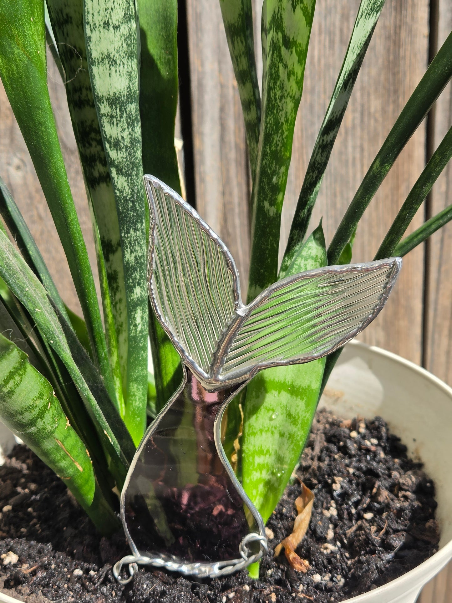 Deep Purple & Clear Reeded Stained Glass Mermaid Tail Plant Stake