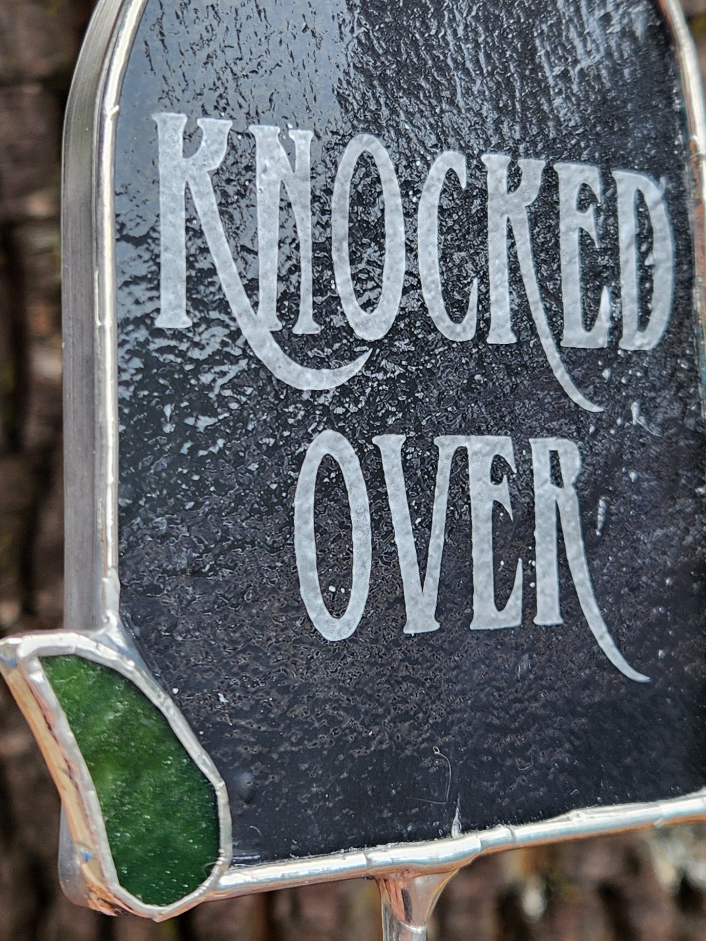 Gray "Knocked Over" Headstone Stained Glass Plant Stake