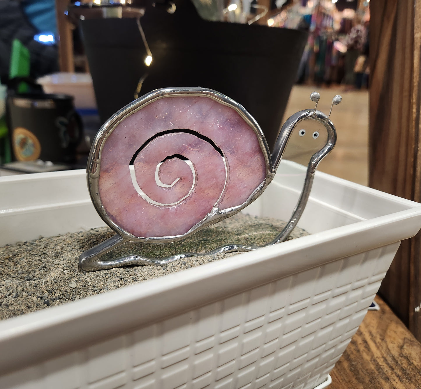 Iridescent & Heavy Textured Pink Stained Glass Snail Plant Stake