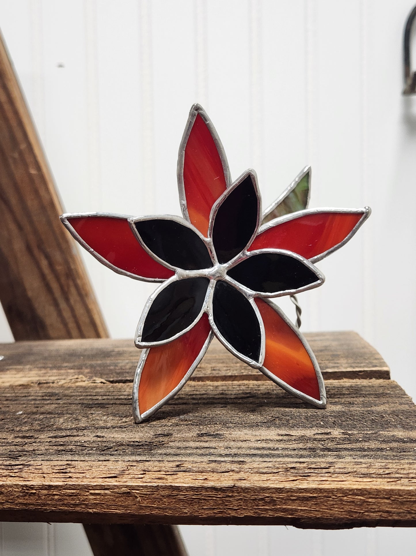 Red-Orange Streaky Glass and Black Waterglass Stained Glass Table Flower