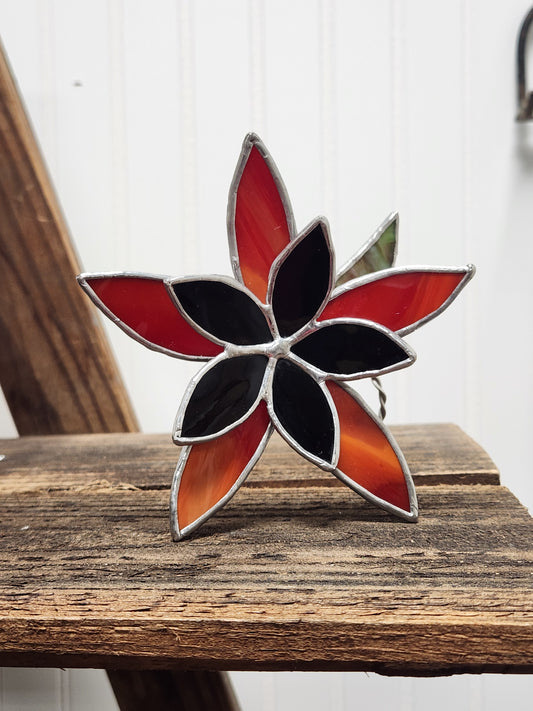 Red-Orange Streaky Glass and Black Waterglass Stained Glass Table Flower
