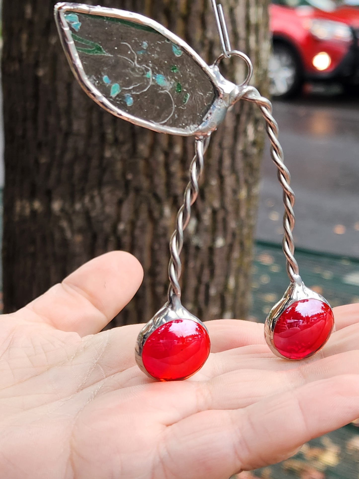 Cherry Nugget Glass with Green Confetti Leaf Stained Glass