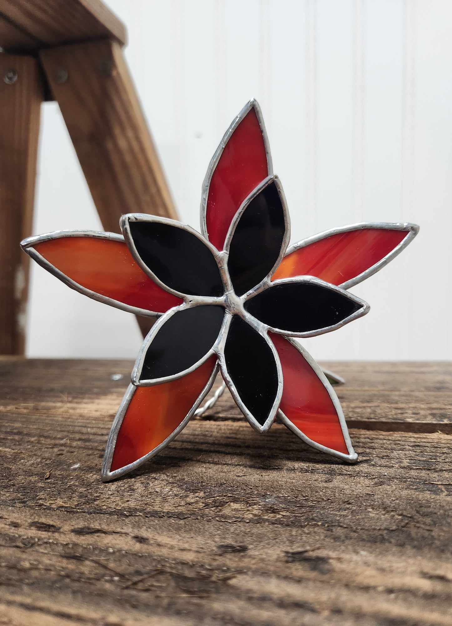 Red-Orange Streaky Glass and Black Waterglass Stained Glass Table Flower