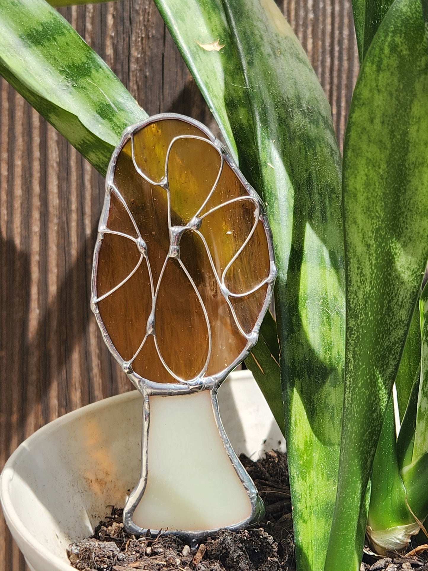 Life-Sized Morel Mushroom Stained Glass Plant Stake