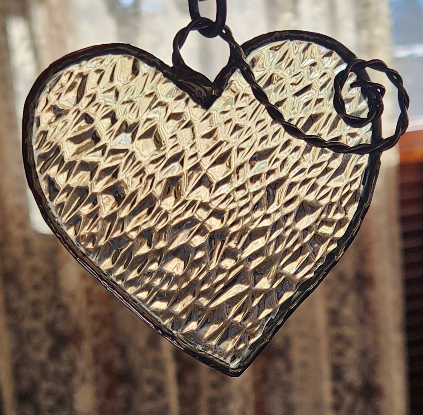 Rainbow Iridescent Textured Stained Glass Heart with Scroll Accent