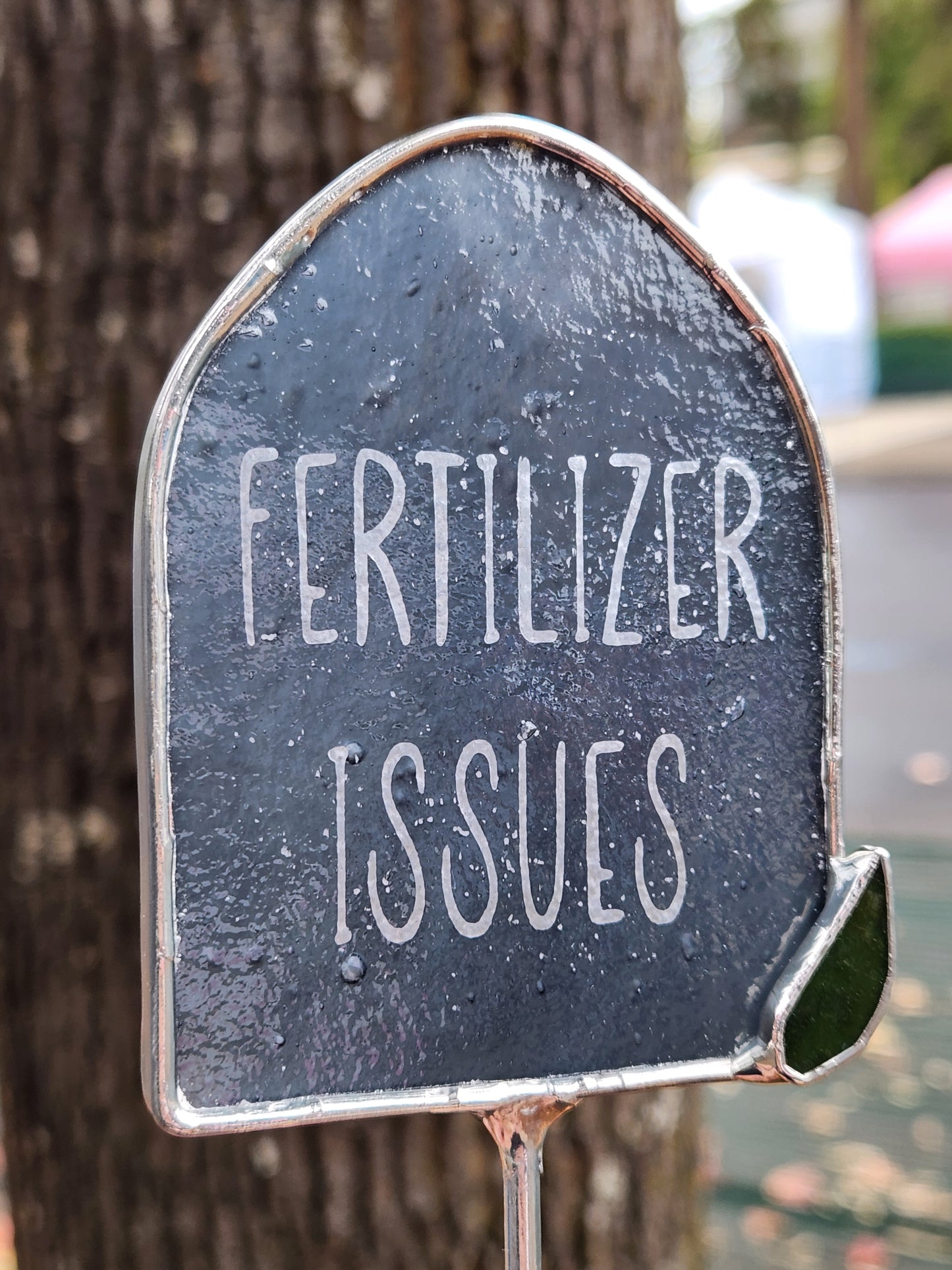 Gray "Fertilizer Issues" Headstone Stained Glass Plant Stake