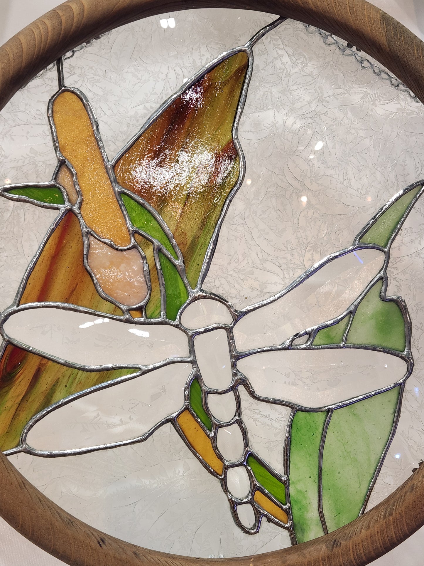 Dragonfly & Cattail Stained Glass Panel