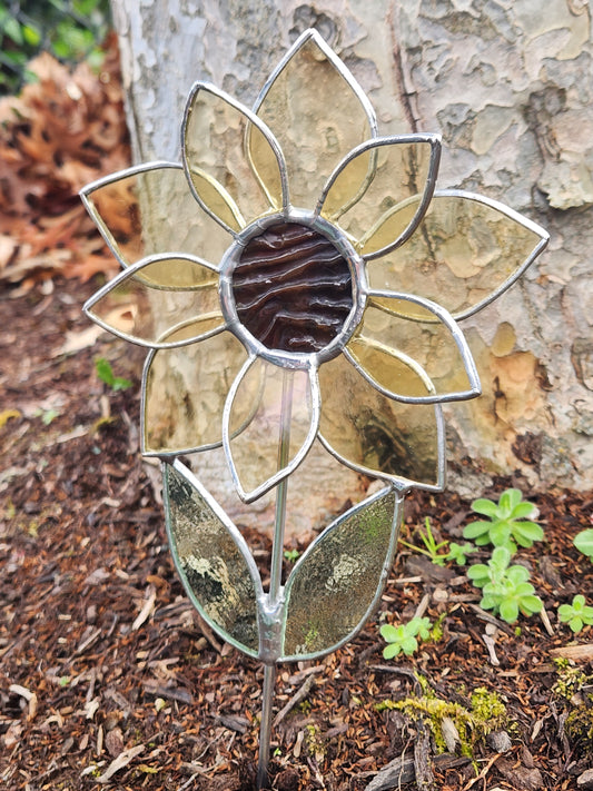 Antique Soft Yellow Stained Glass Sunflower Plant Stake with Texture Brown Center