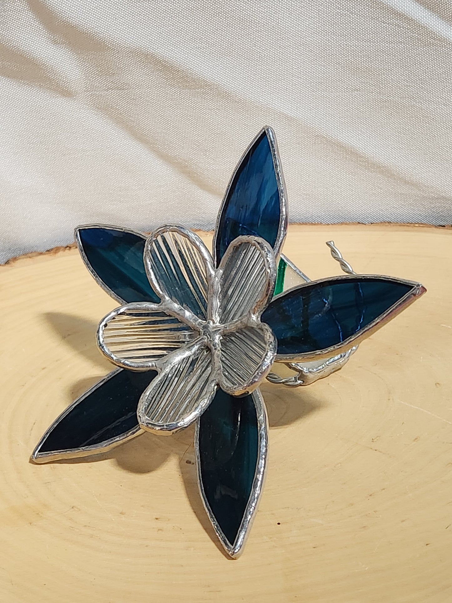Cobalt & Clear Reeded Stained Glass Table Flower