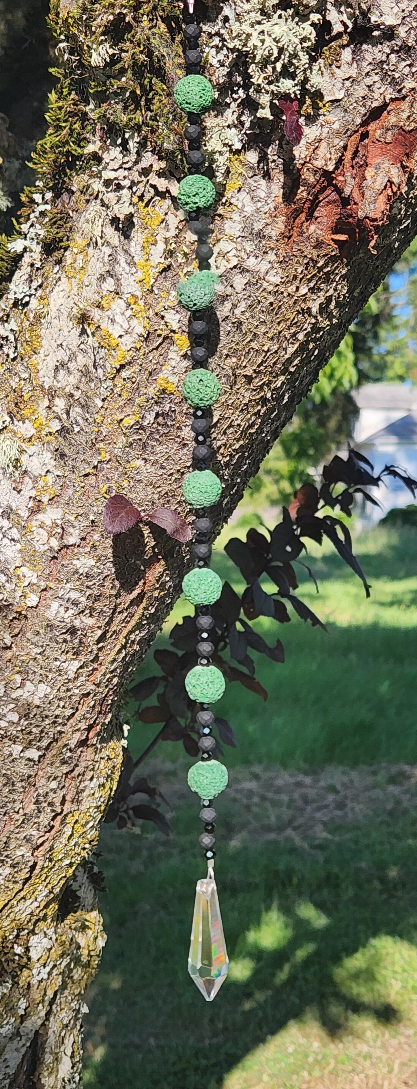 Green & Black Lava Rocks with Black Glass Beads Suncatcher