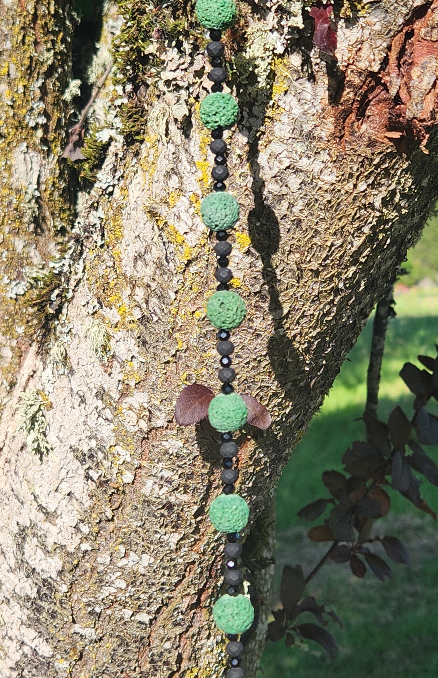Green & Black Lava Rocks with Black Glass Beads Suncatcher