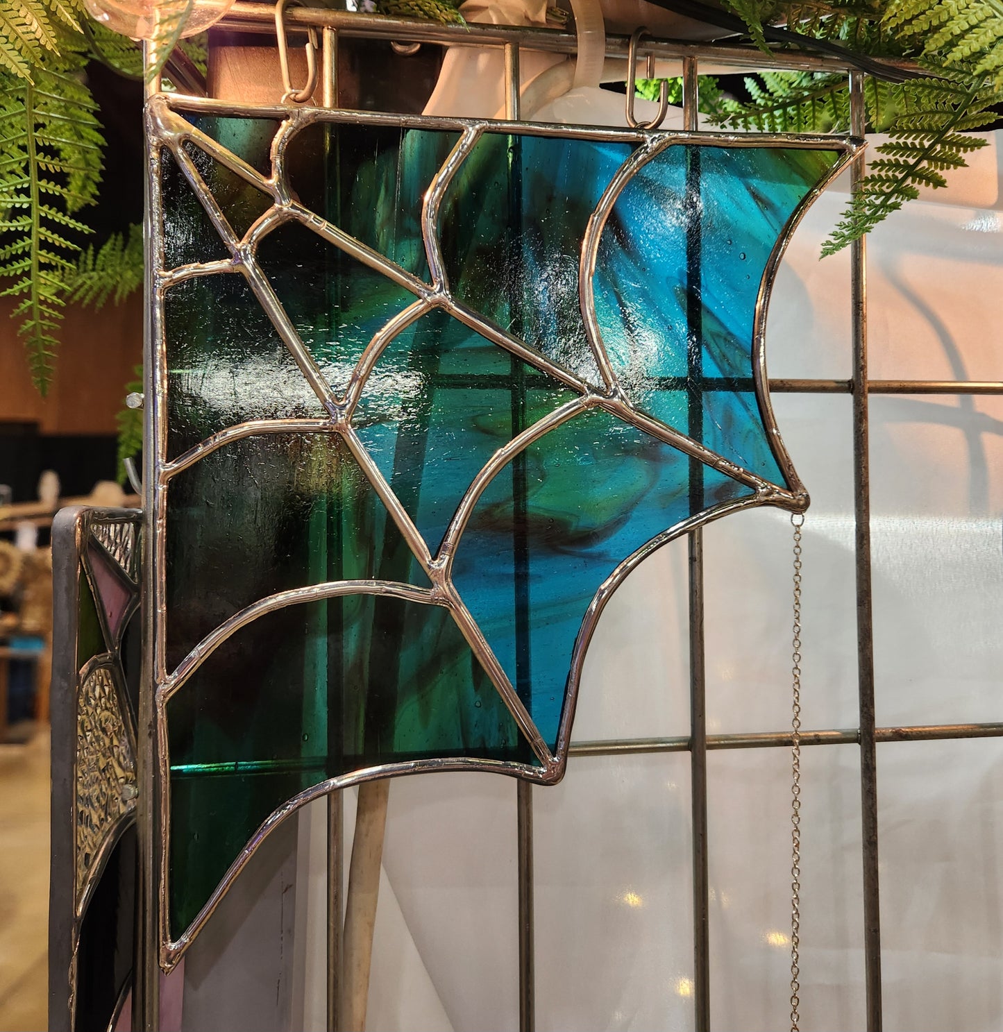 Caribbean Blue-Green Stained Glass Spiderweb with Hanging Spider