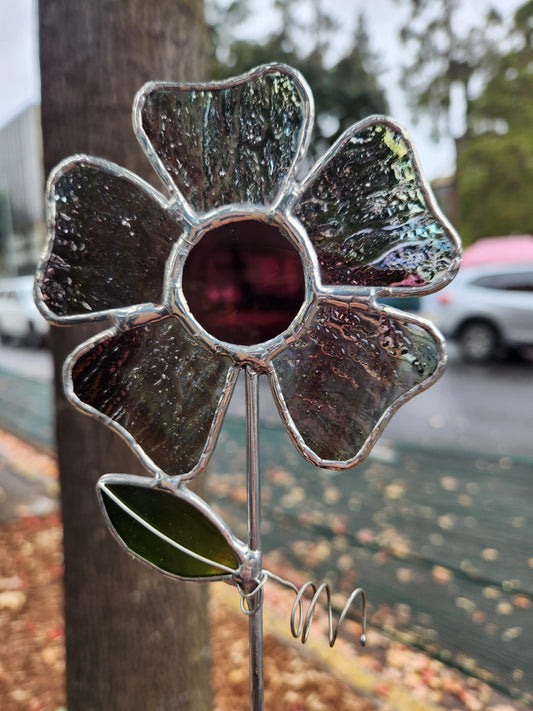 Purple Ripple Glass Wavy Flower Stained Glass Plant Stake with Mauve Center