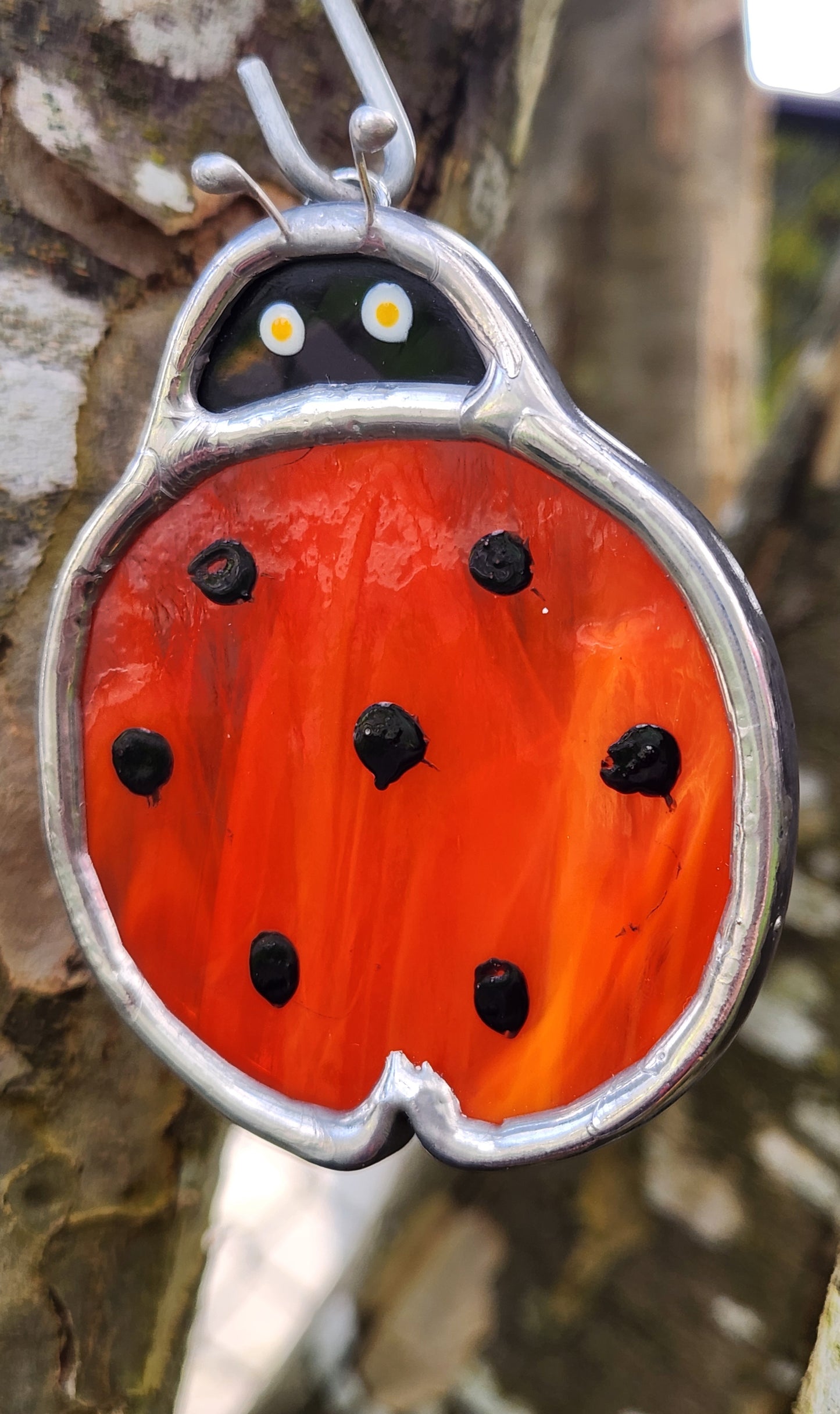 Small Round Hanging Red-Orange Stained Glass Ladybug