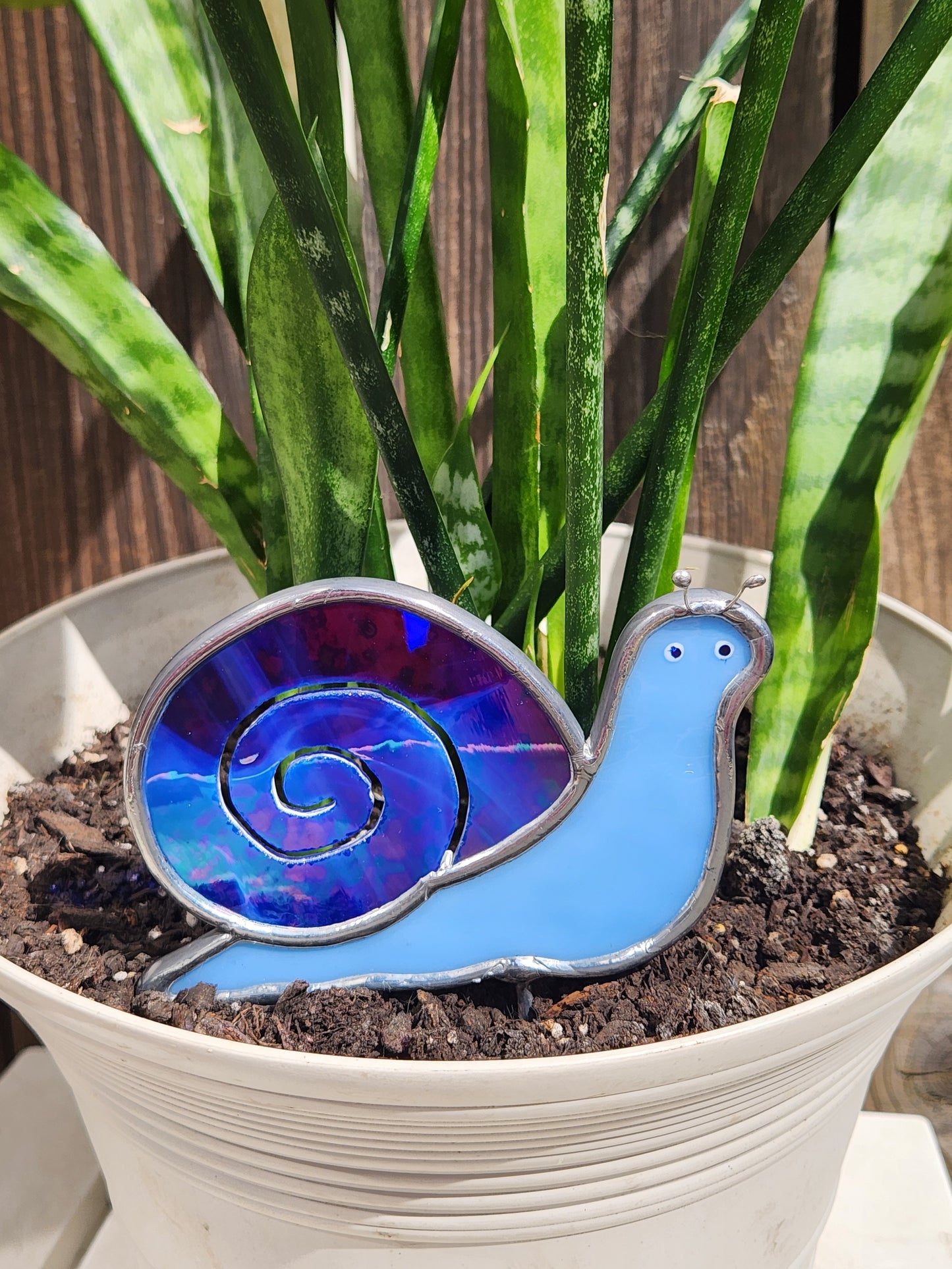 Sky Blue & Dark Blue Iridescent Stained Glass Snail Plant Stake