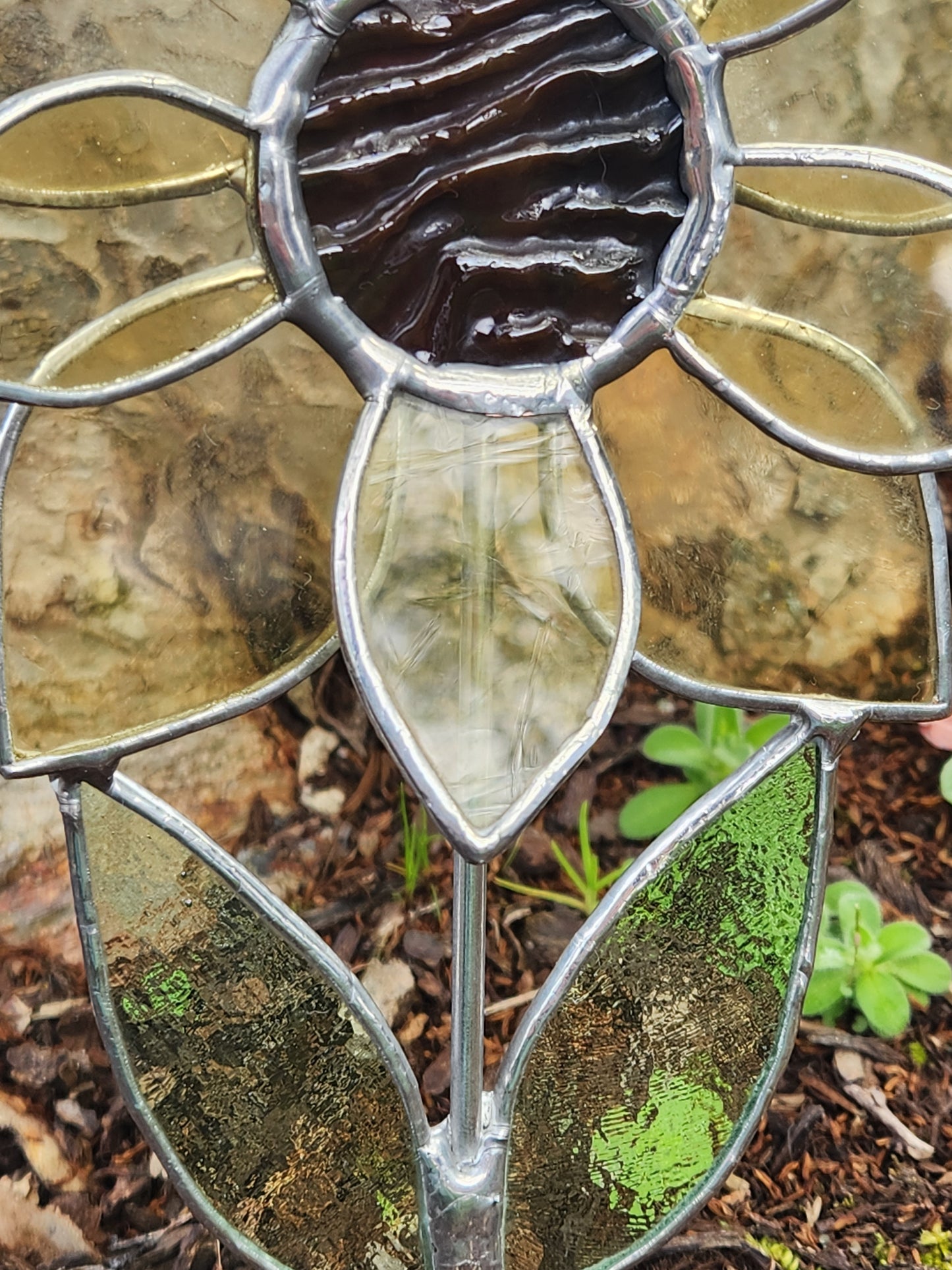 Antique Soft Yellow Stained Glass Sunflower Plant Stake with Texture Brown Center