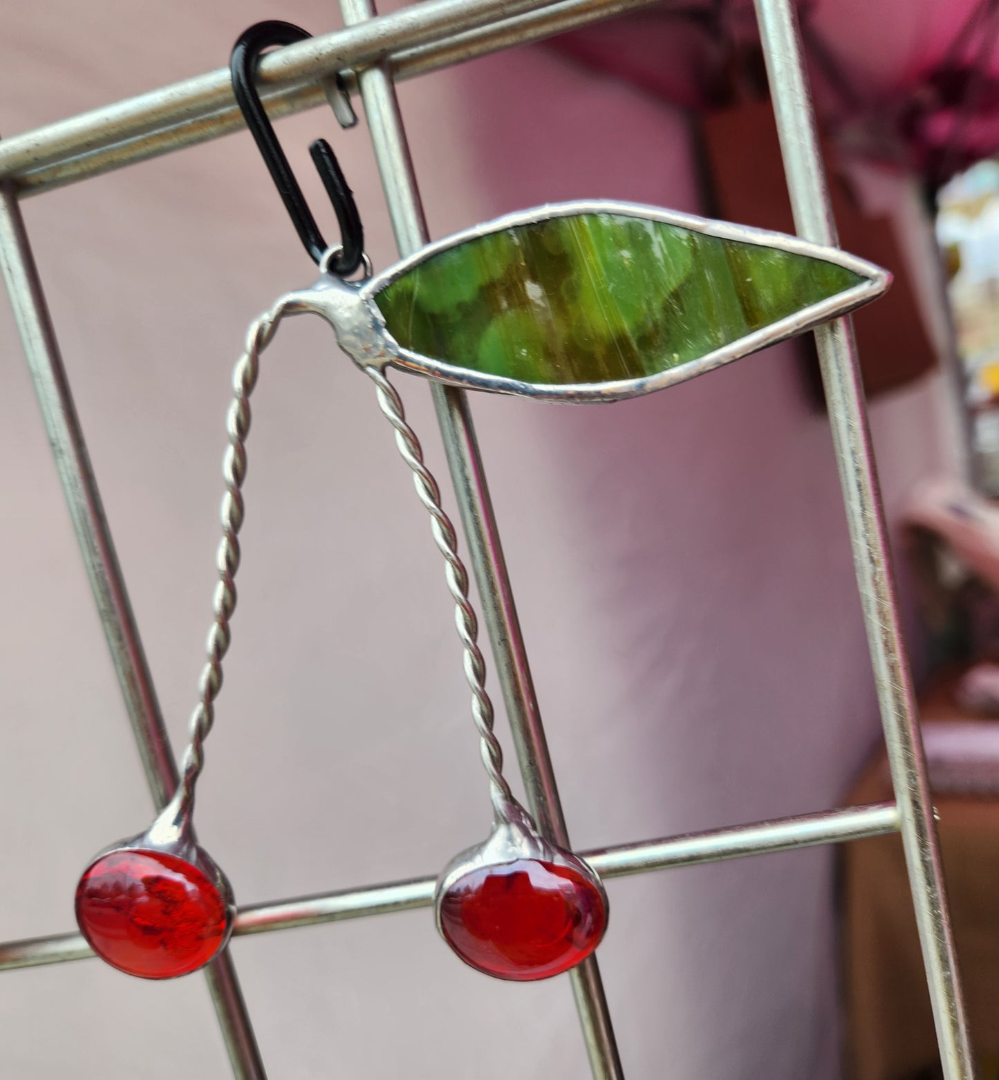 Cherries Made from Nugget Glass with Dark Green Mottled Stained Glass Leaf