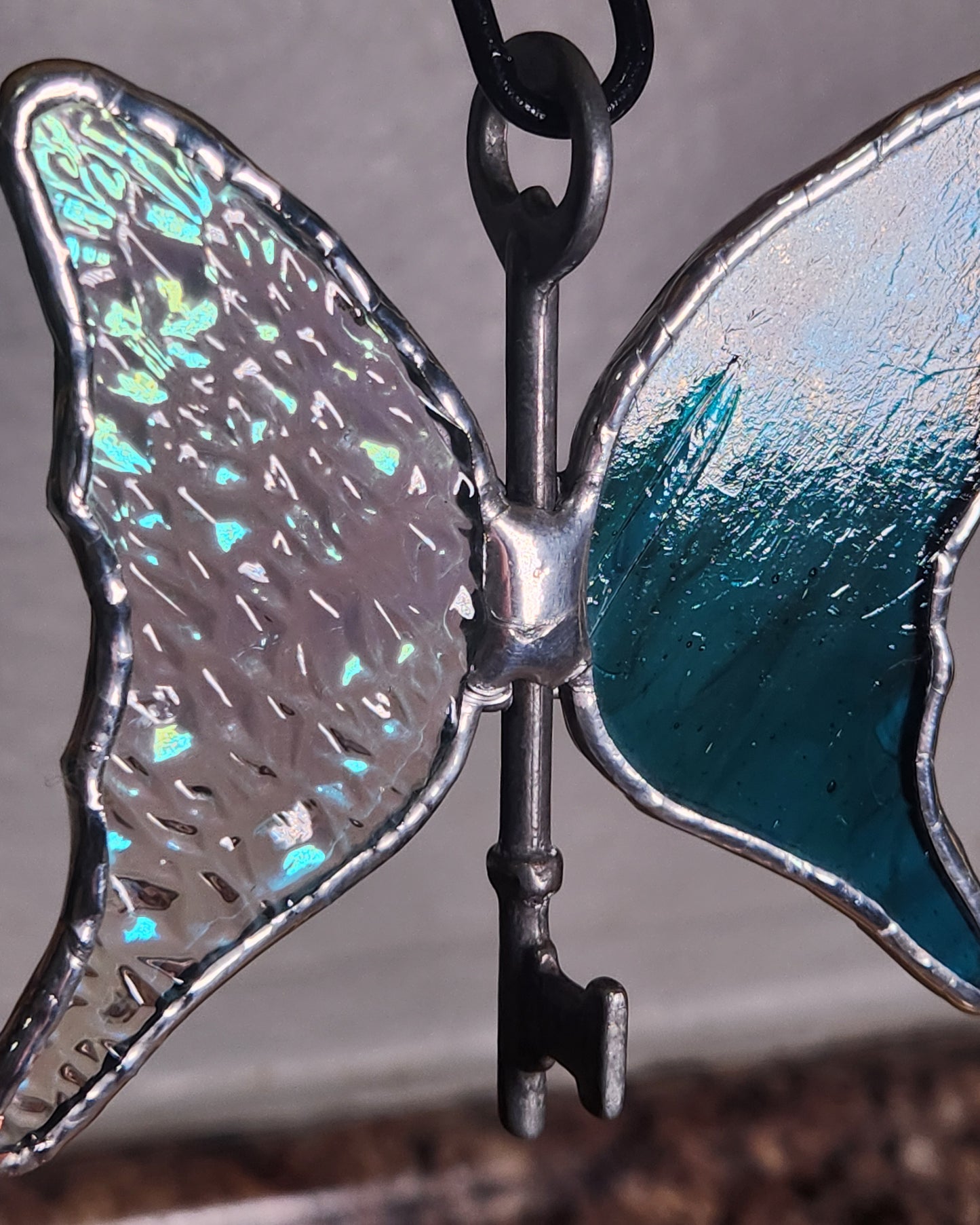Rainbow Iridescent Textured & Deep Blue-Green Stained Glass Flying Key