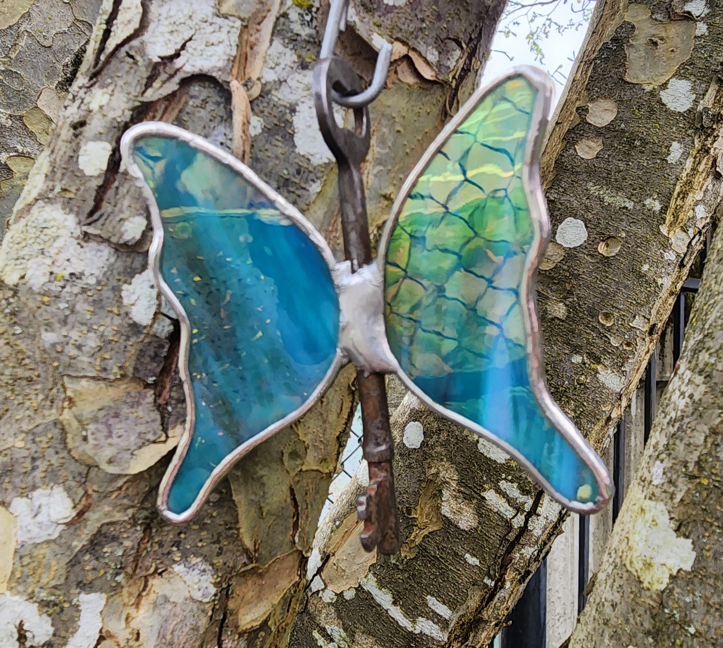 Iridescent Teal Stained Glass Flying Key