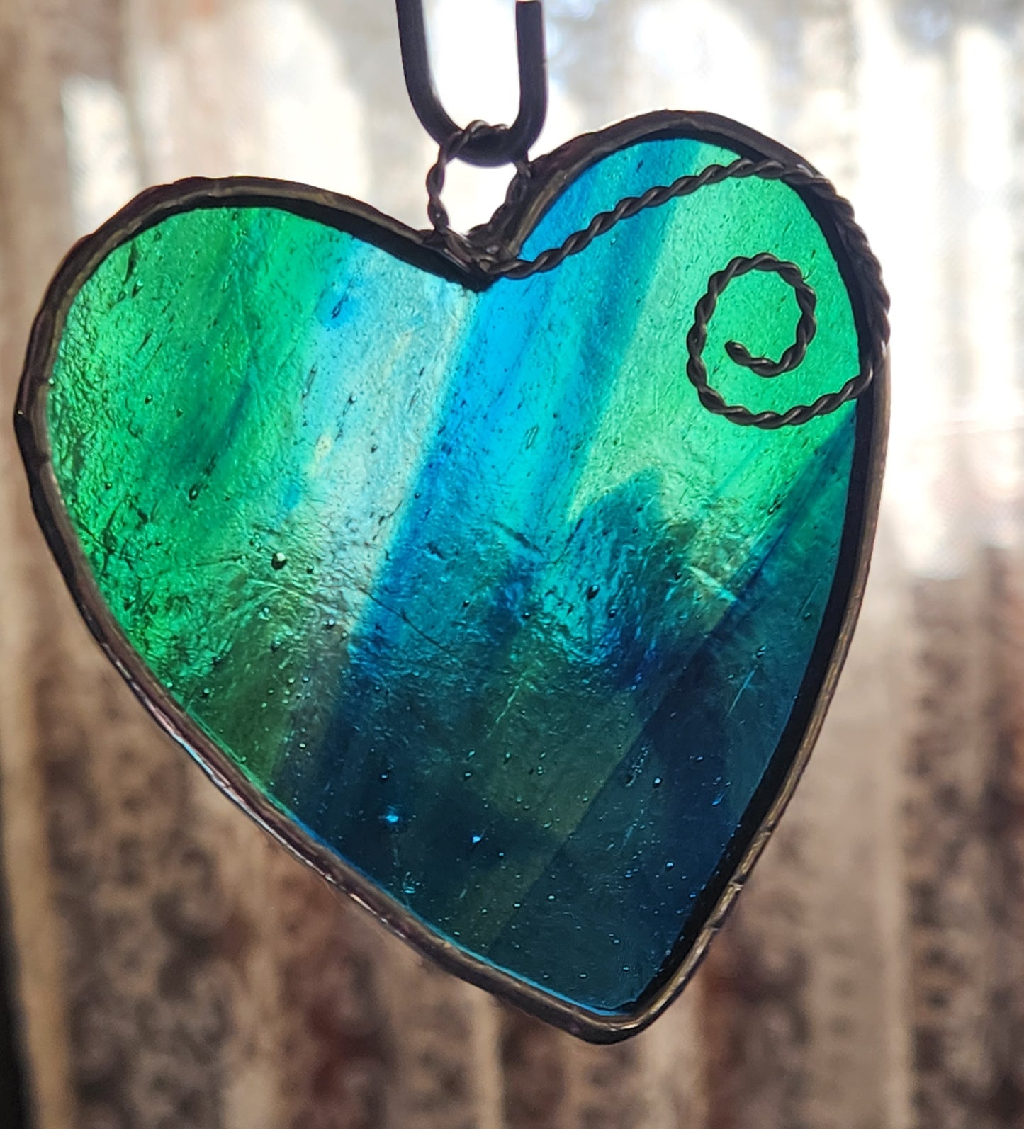 Blue-Green Swirl Stained Glass Heart with Scroll Accent