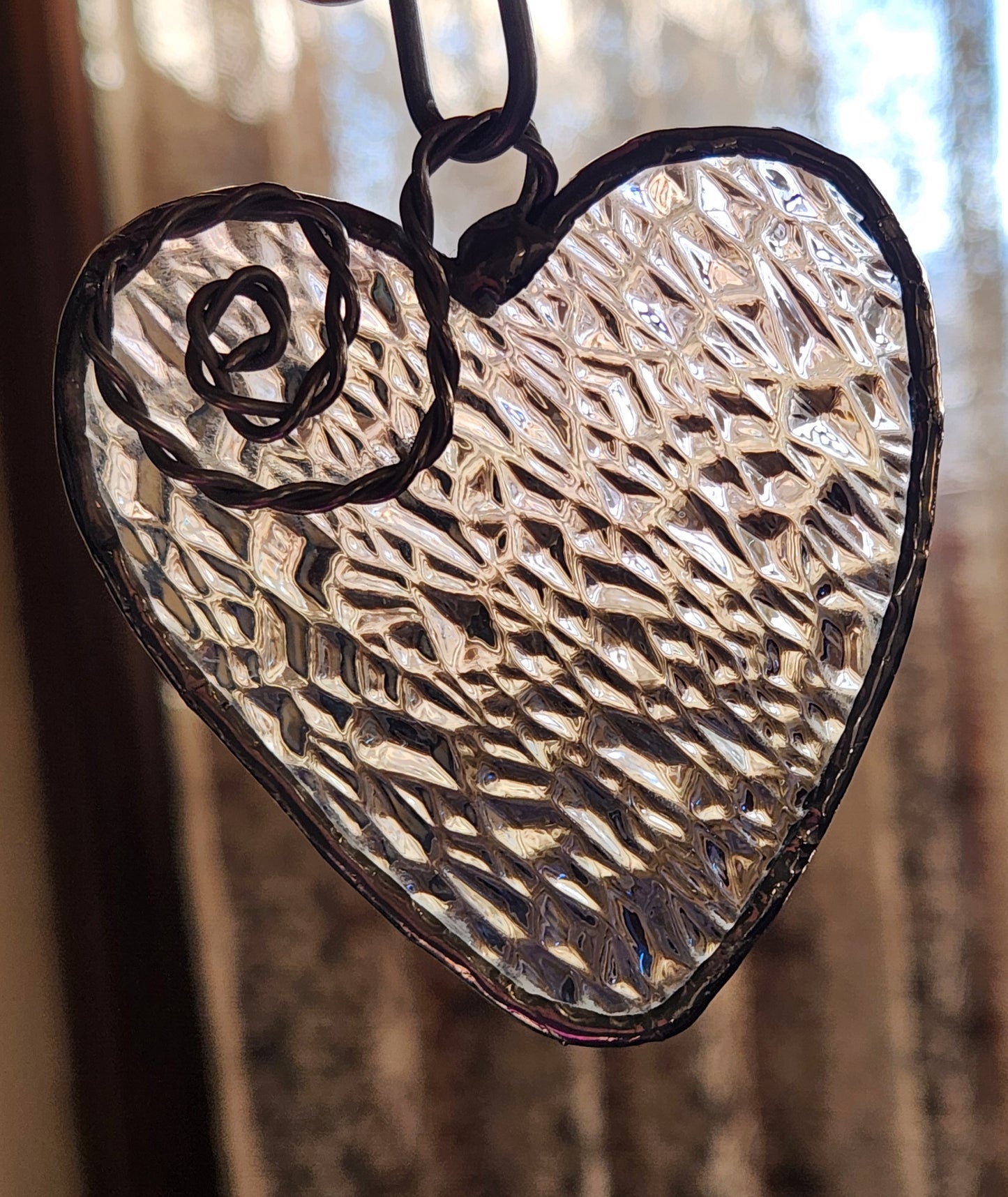 Rainbow Iridescent Textured Stained Glass Heart with Scroll Accent