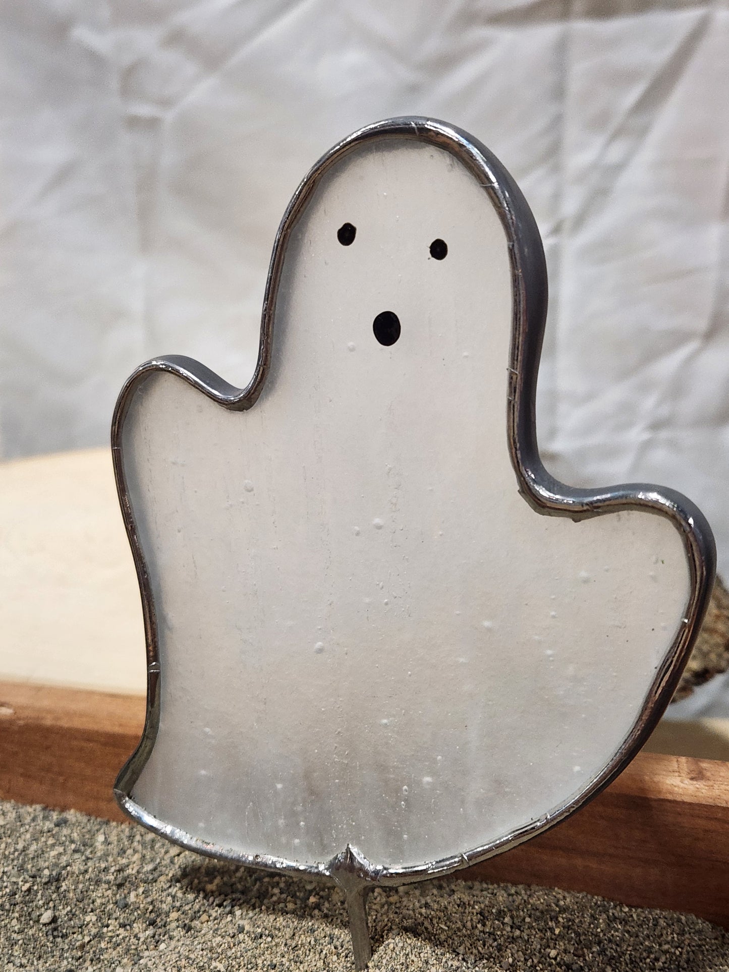 Frosted White Textured Haunting Stained Glass Ghost Plant Stake