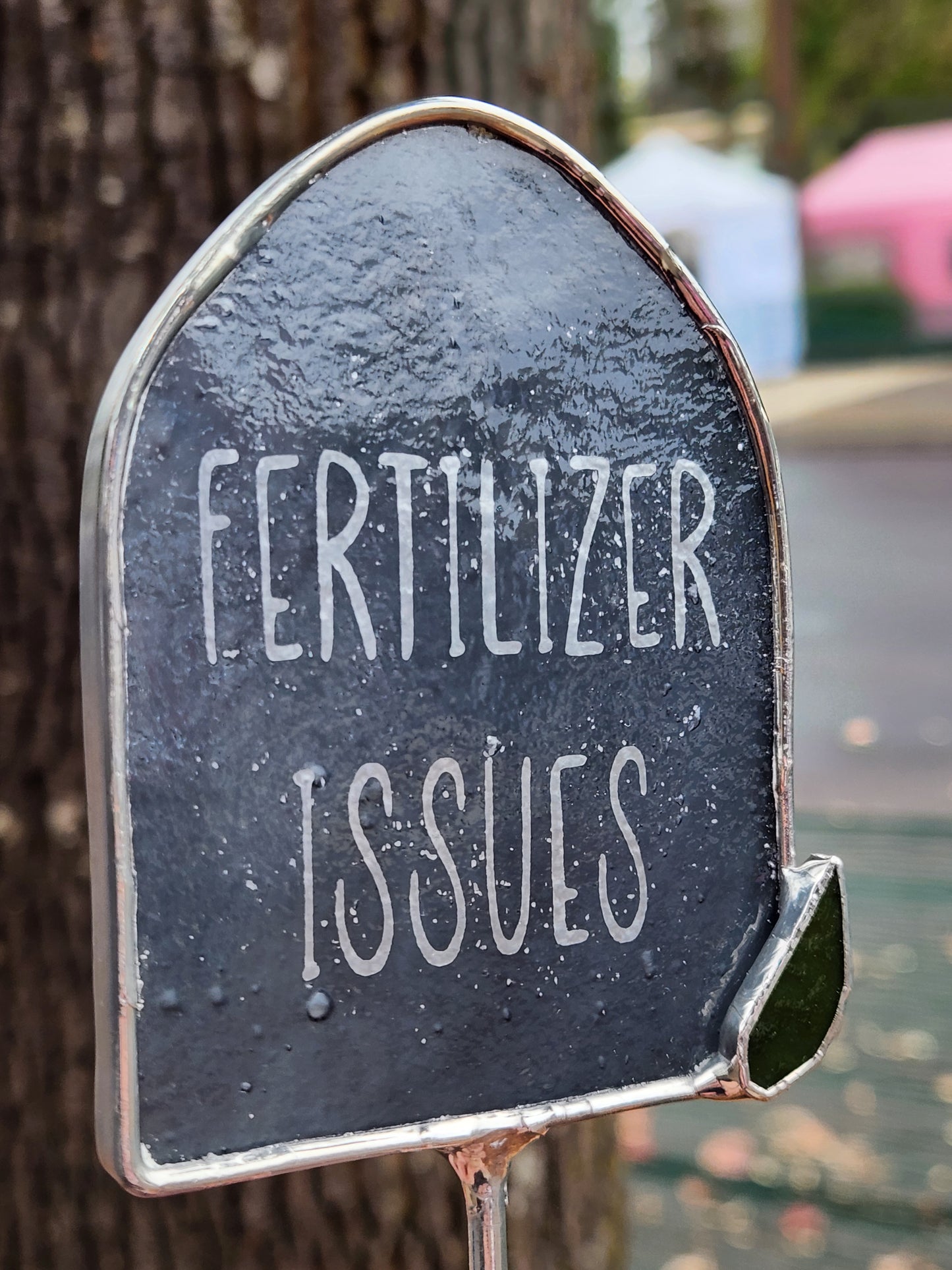 Gray "Fertilizer Issues" Headstone Stained Glass Plant Stake