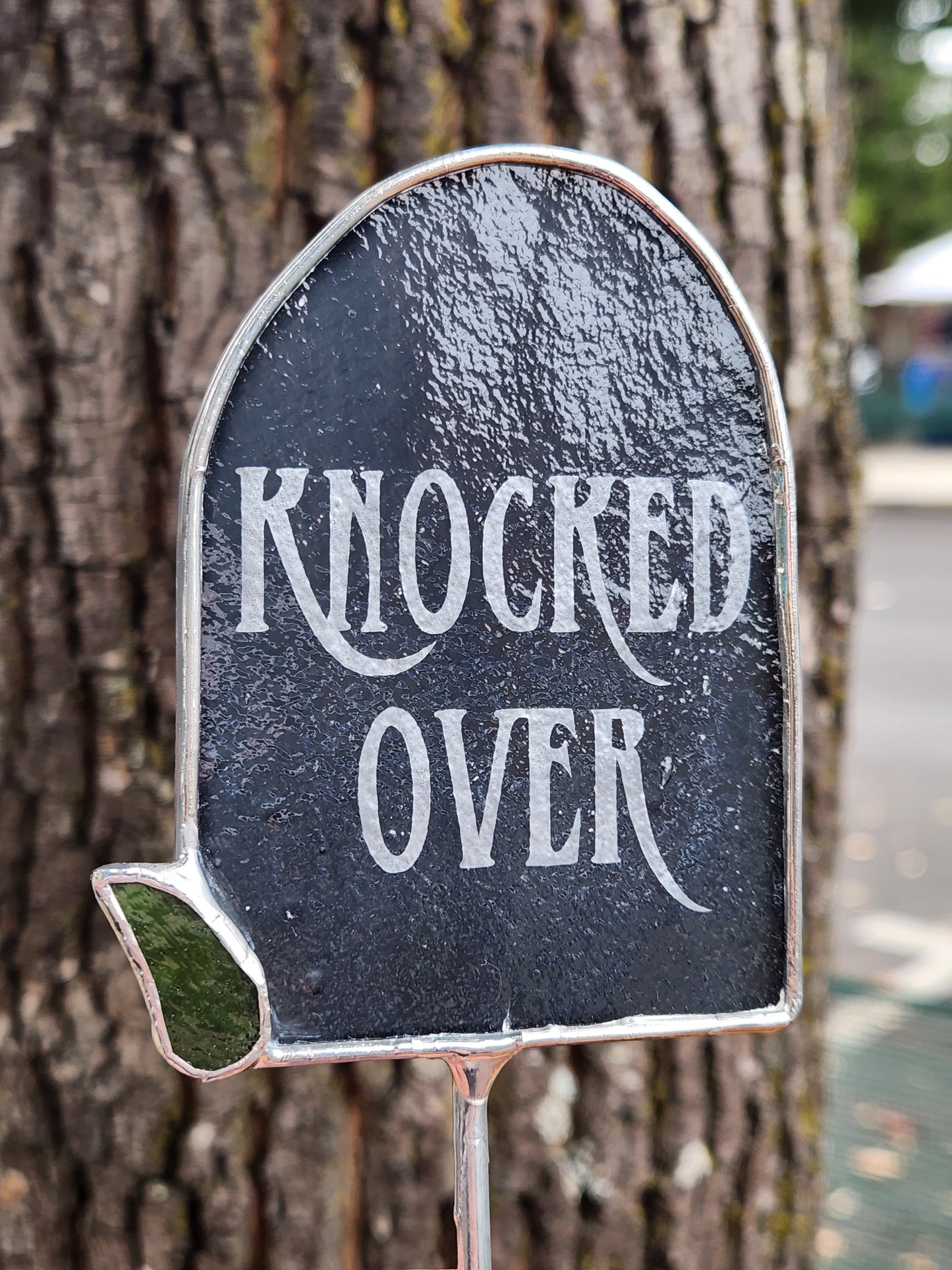 Gray "Knocked Over" Headstone Stained Glass Plant Stake