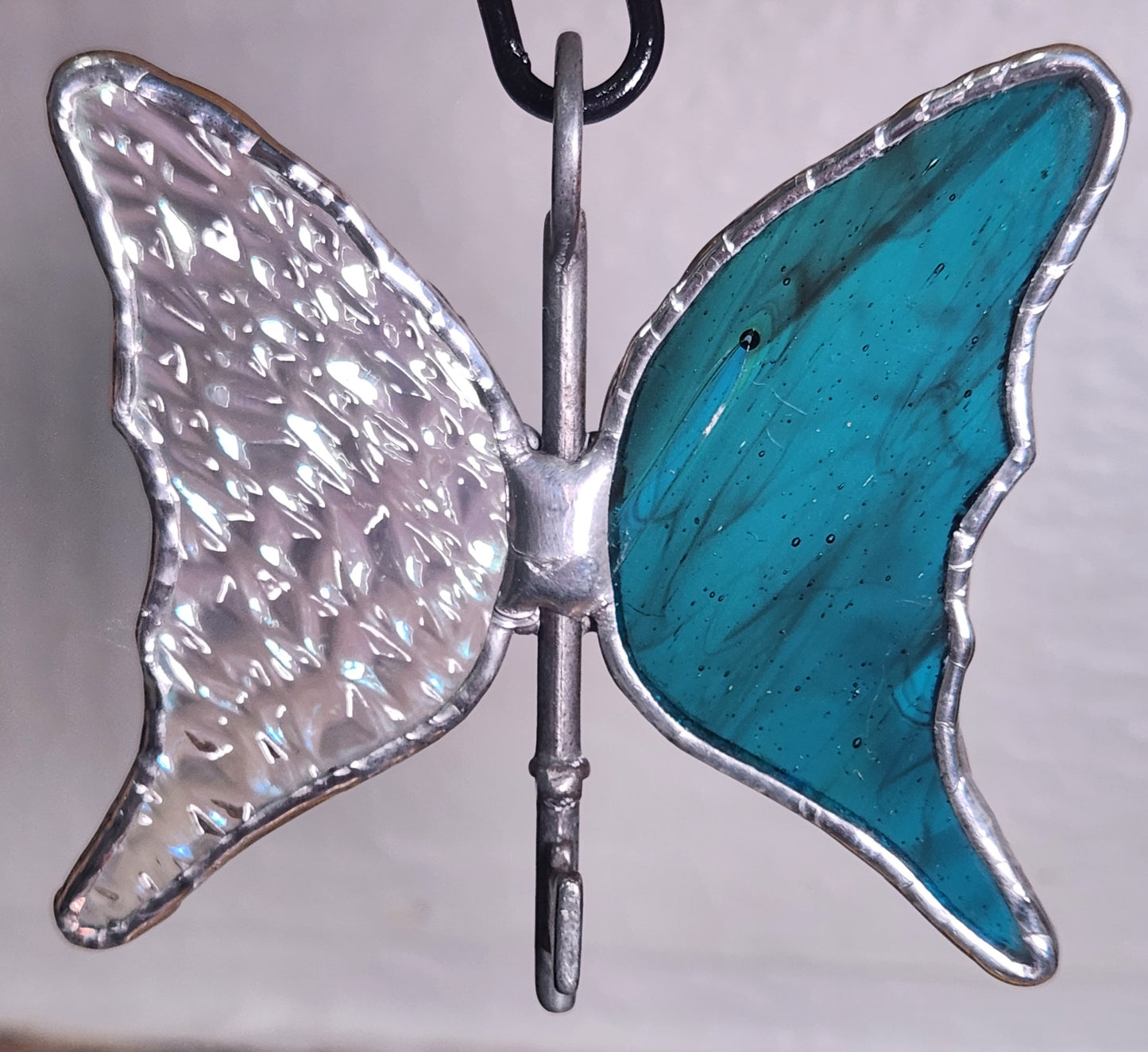Rainbow Iridescent Textured & Deep Blue-Green Stained Glass Flying Key