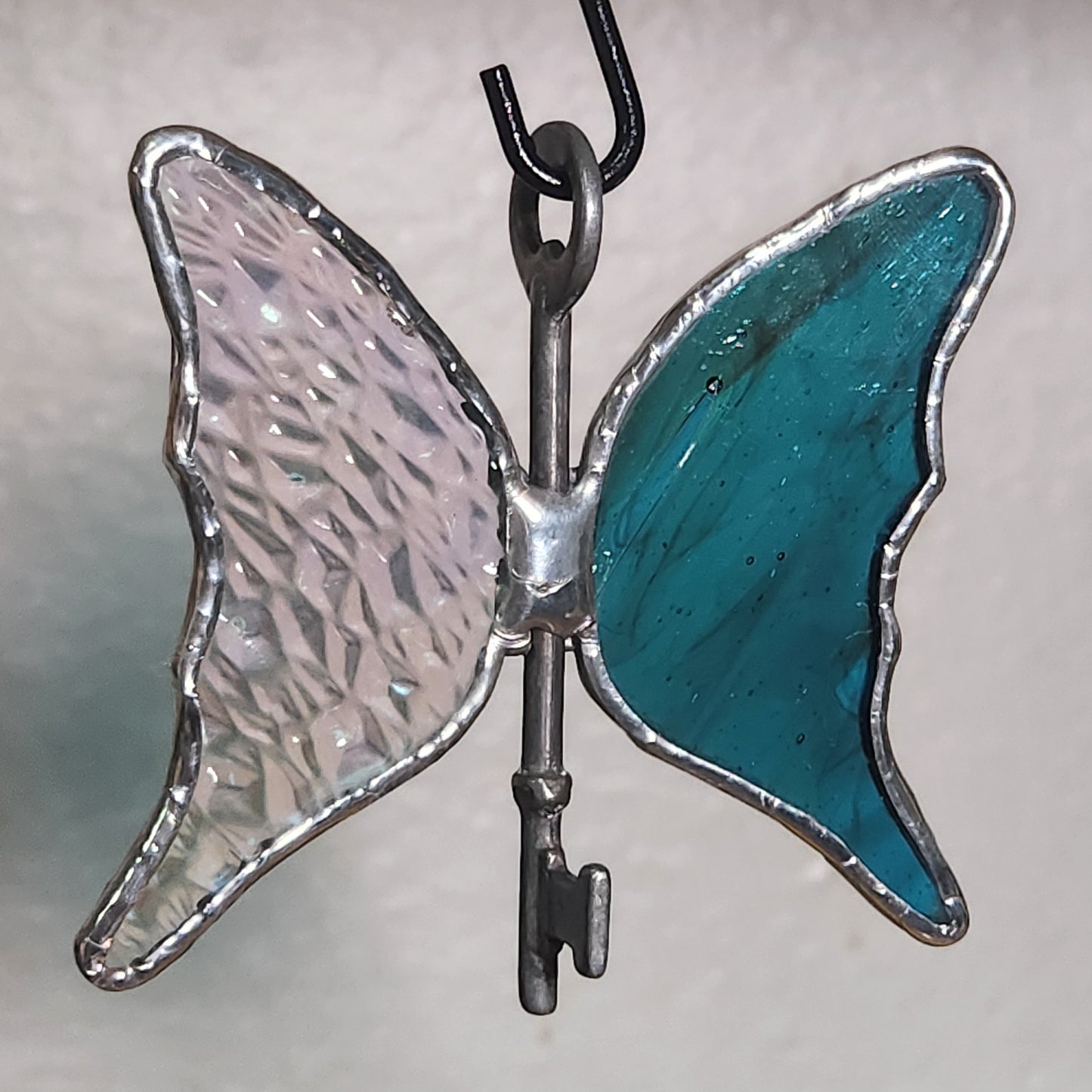 Rainbow Iridescent Textured & Deep Blue-Green Stained Glass Flying Key