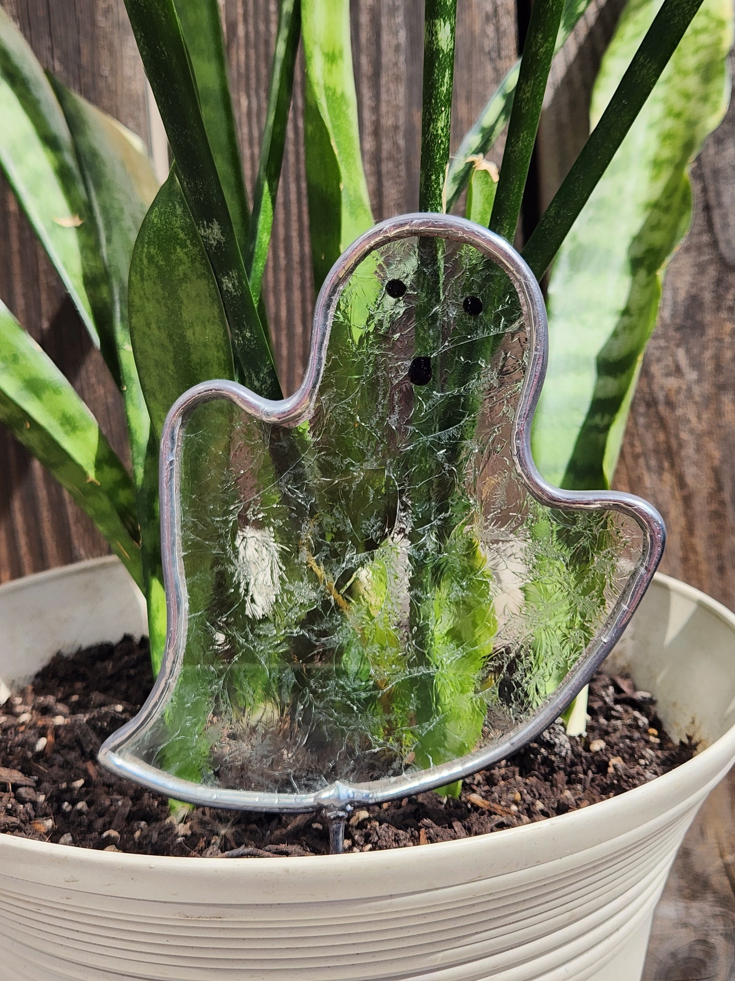 Clear Ice Flake Haunting Stained Glass Ghost Plant Stake