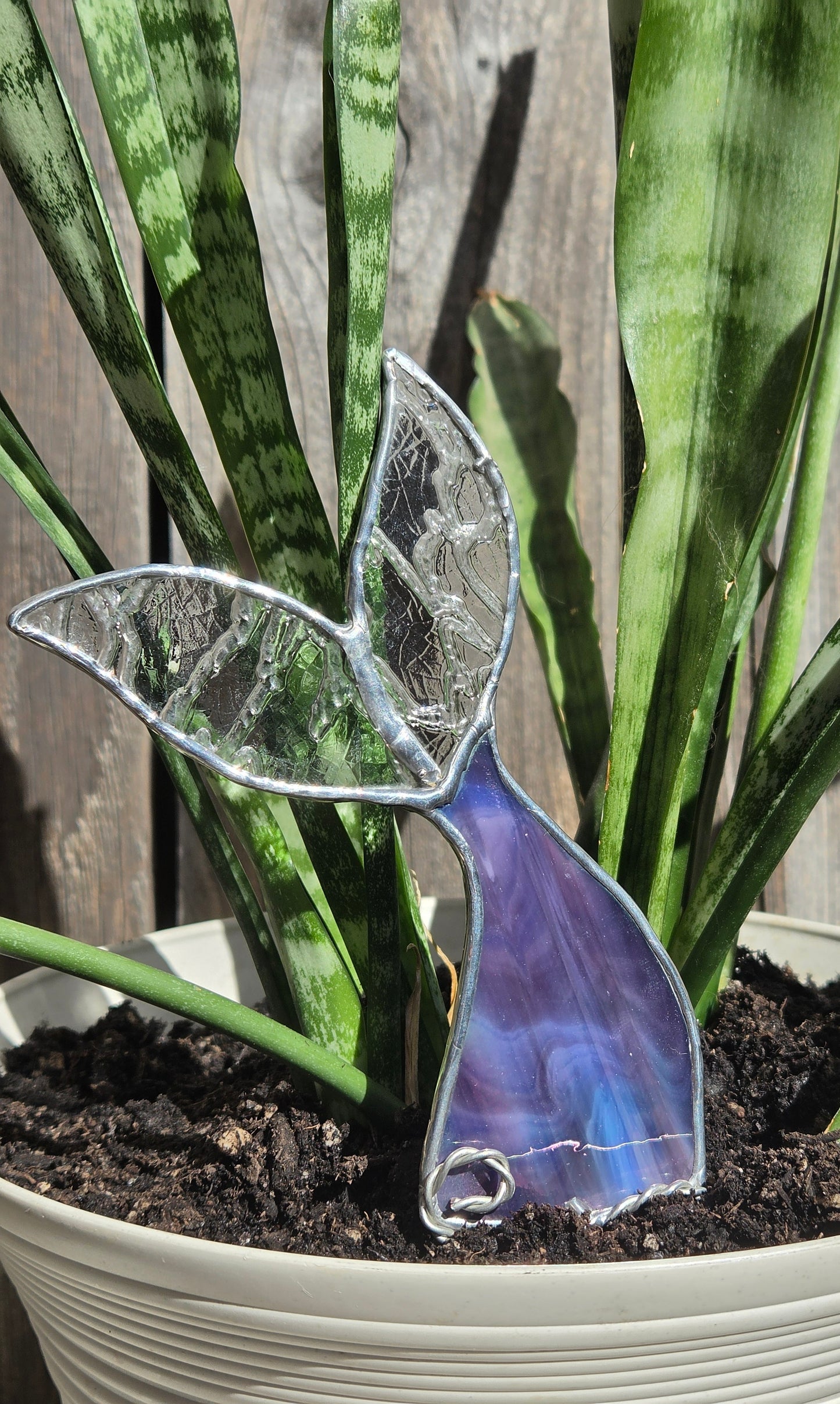 Purple Oil Slick & Clear Crackled Stained Glass Mermaid Tail Plant Stake