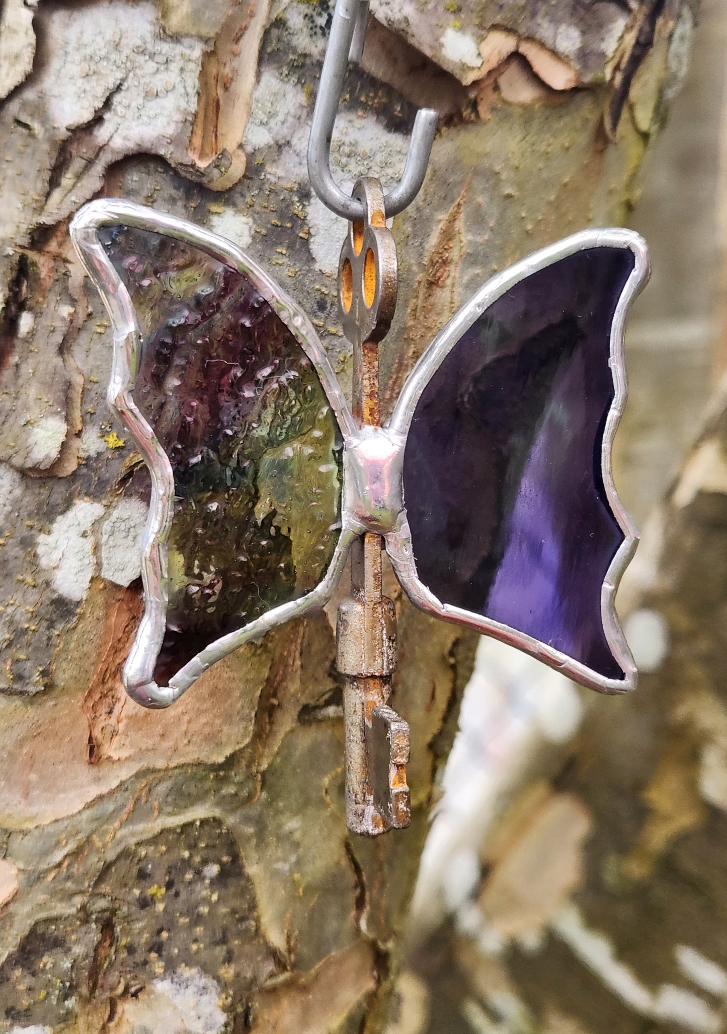 Textured Purple Swirl & Dark Purple Stained Glass Flying Key